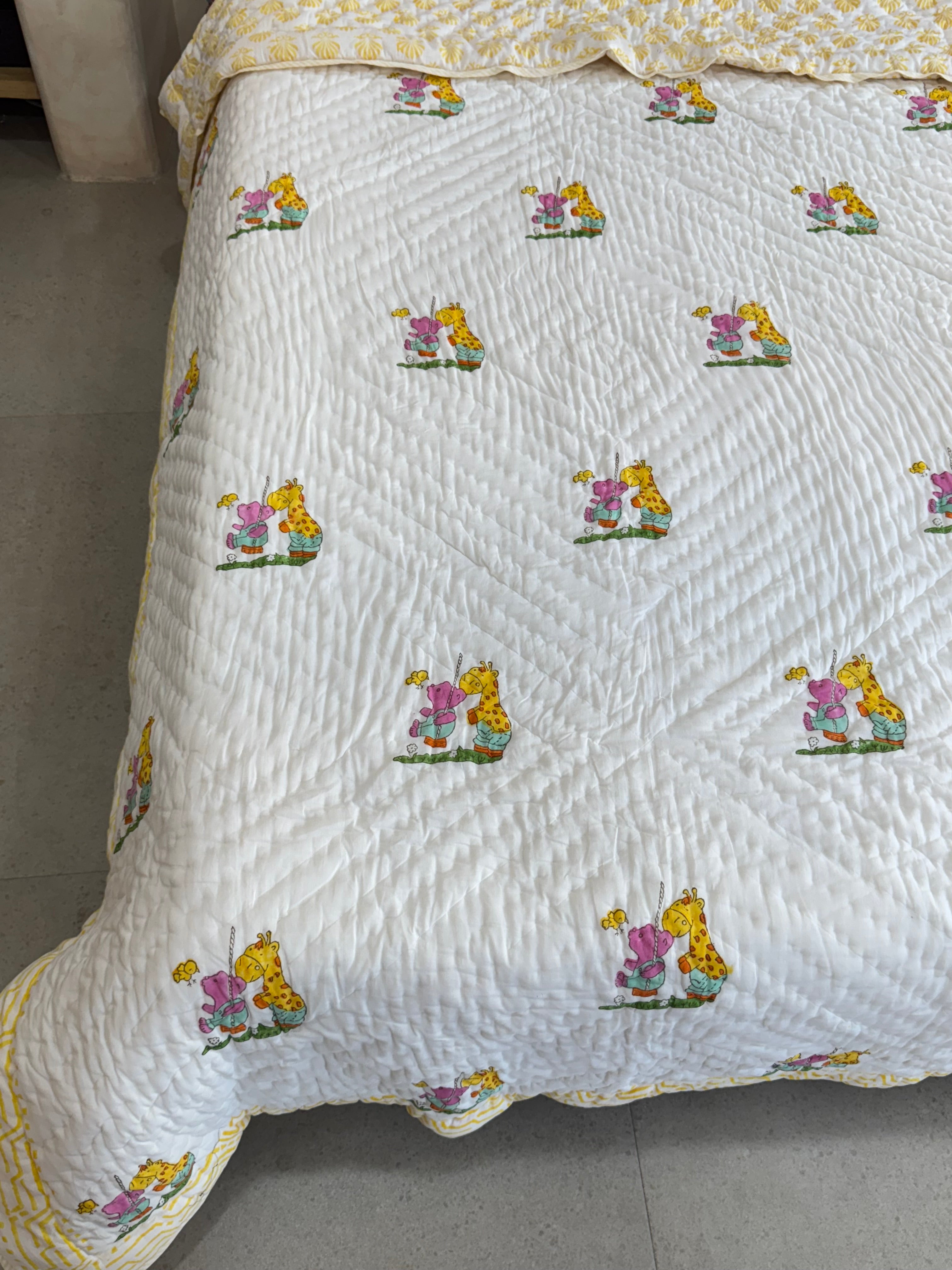 SINGLE BED HANDBLOCK PRINTED REVERSIBLE MULMUL KIDS QUILT (5 years till Adult Size)