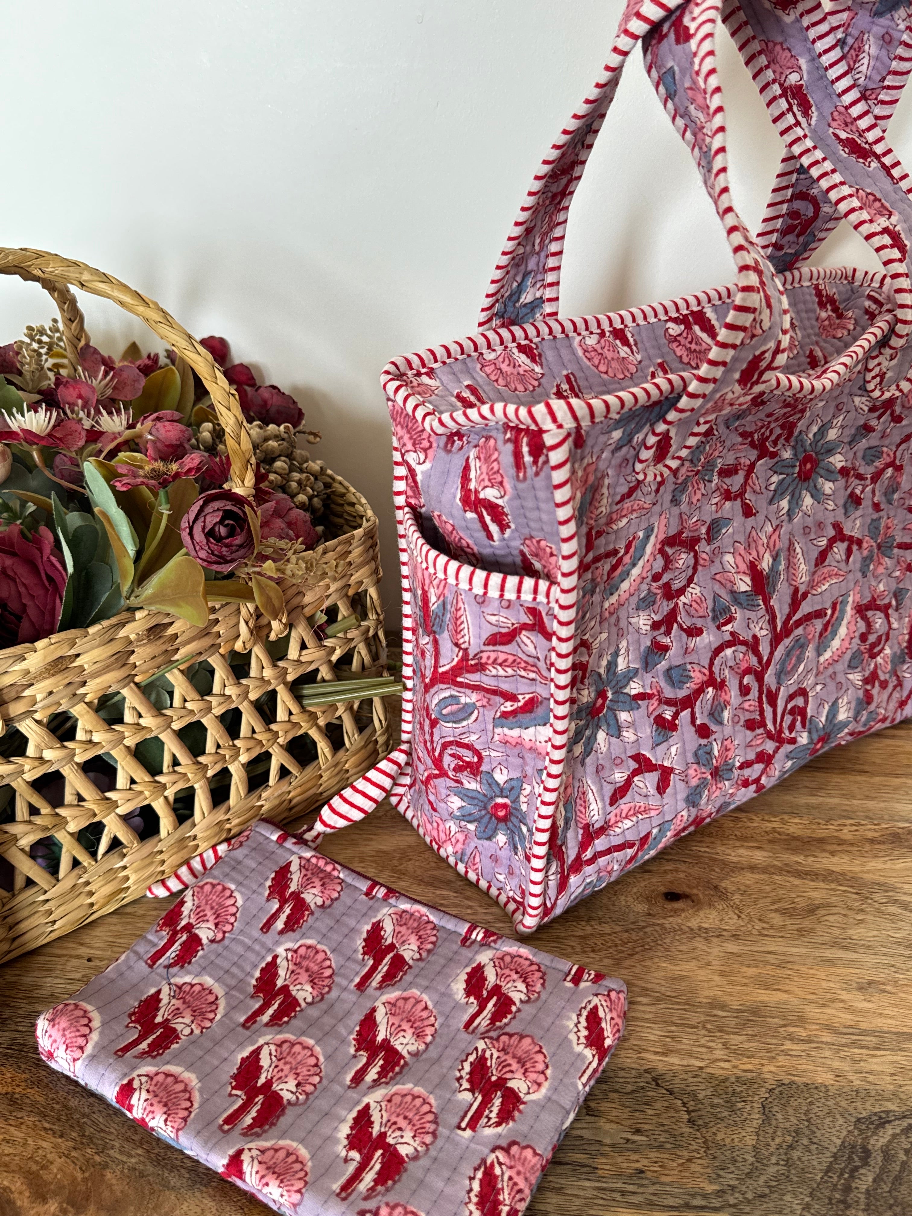 REVERSIBLE MINI TOTE BAG WITH MATCHING FLAT POUCH SET