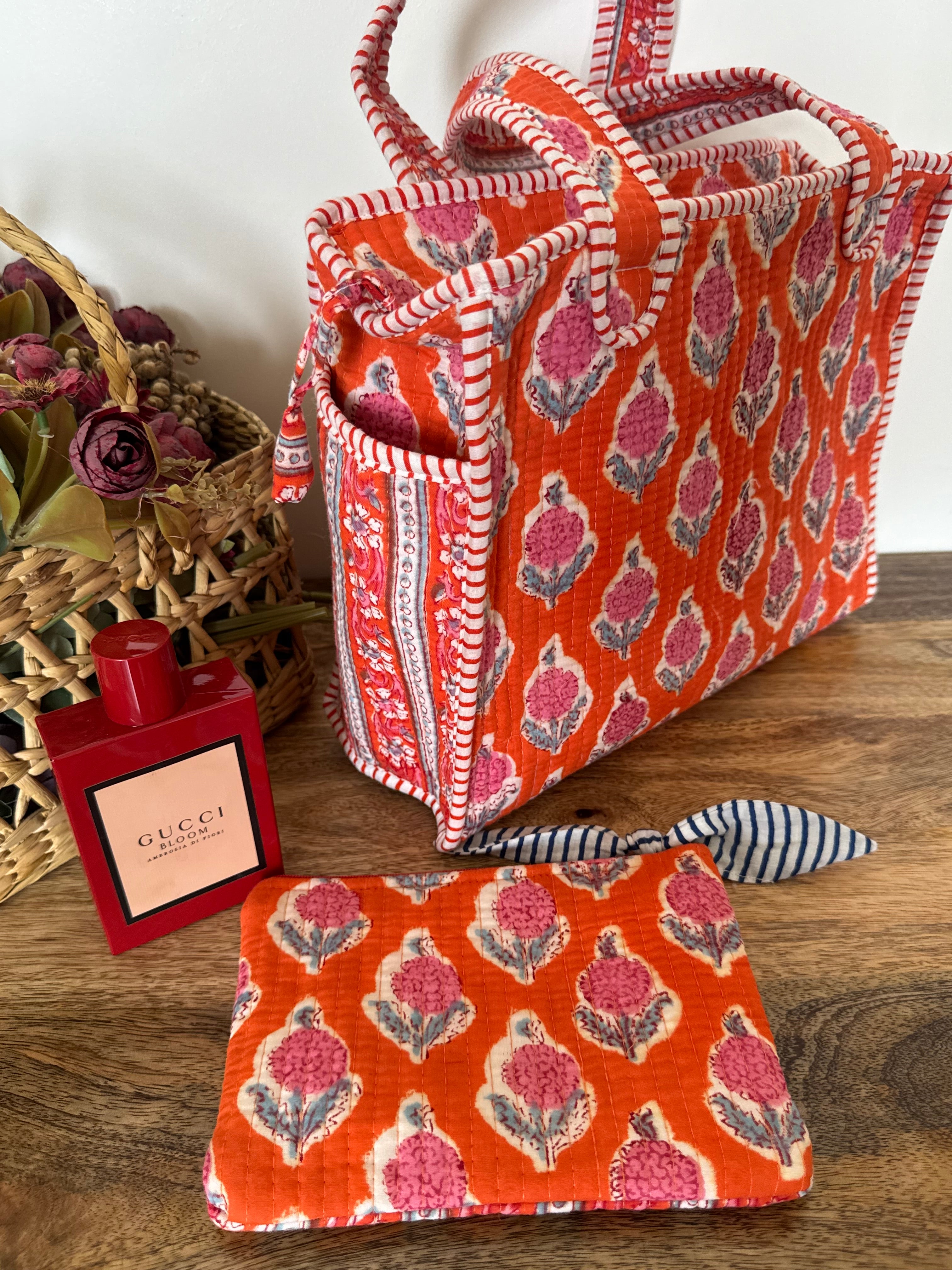 REVERSIBLE MINI TOTE BAG WITH MATCHING FLAT POUCH SET