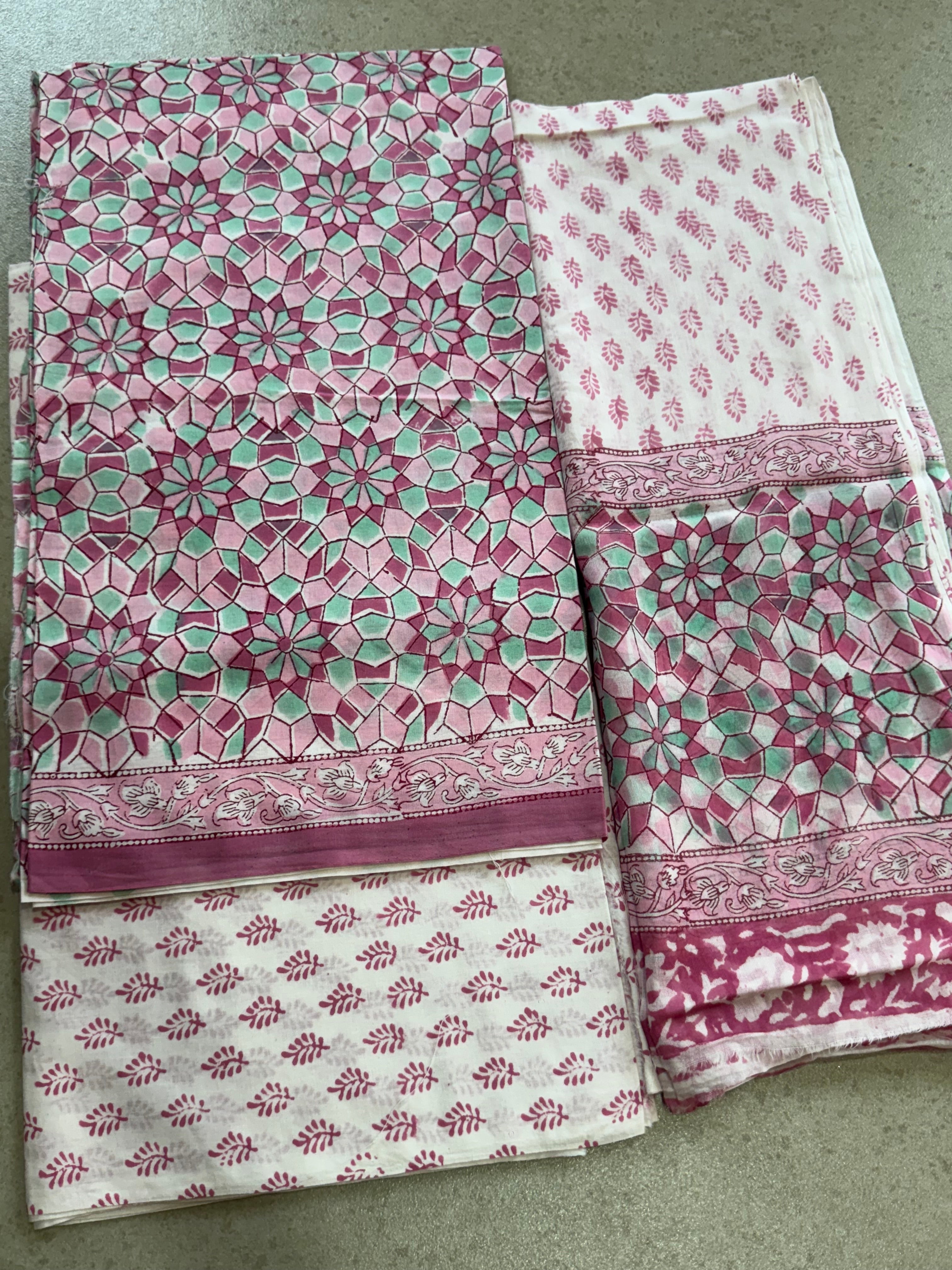 HAND BLOCK PRINTED COTTON UNSTITCHED SUIT WITH MULMUL DUPATTA