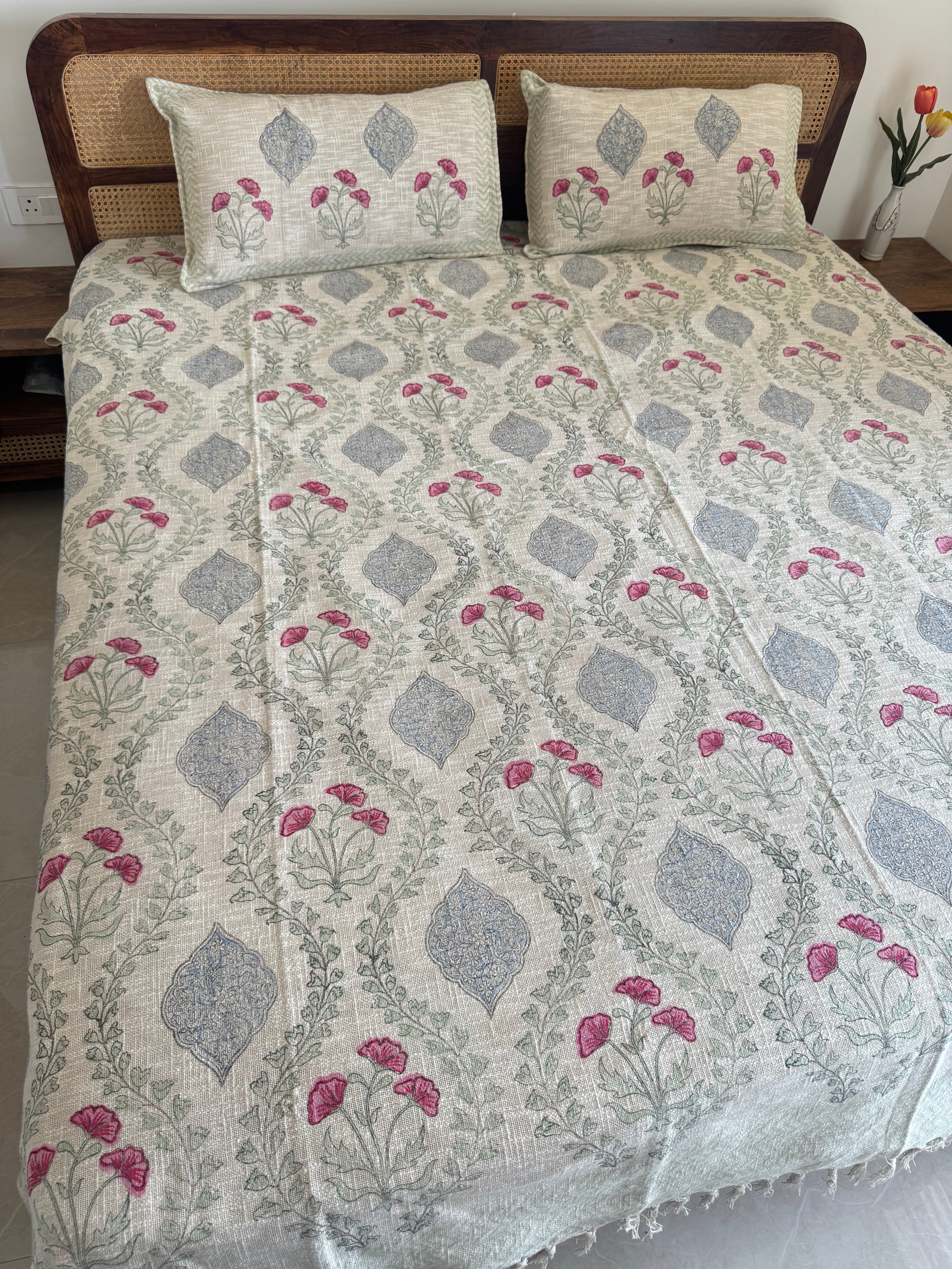 HAND BLOCK PRINTED JUTE BEDCOVER - 108 by 108 INCHES