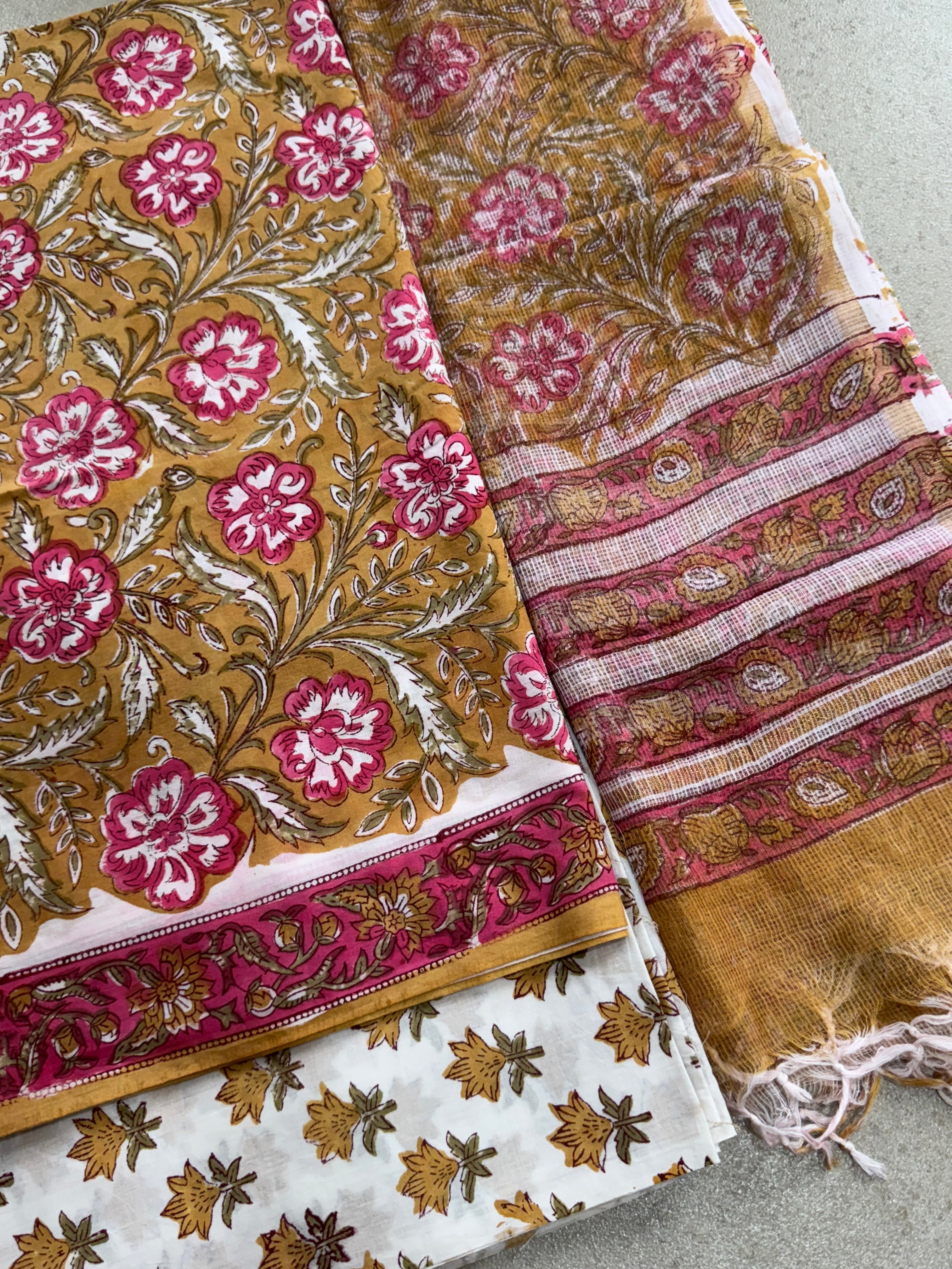 HAND BLOCK PRINTED COTTON WITH KOTA DORIYA DUPATTA UNSTITCHED SUIT