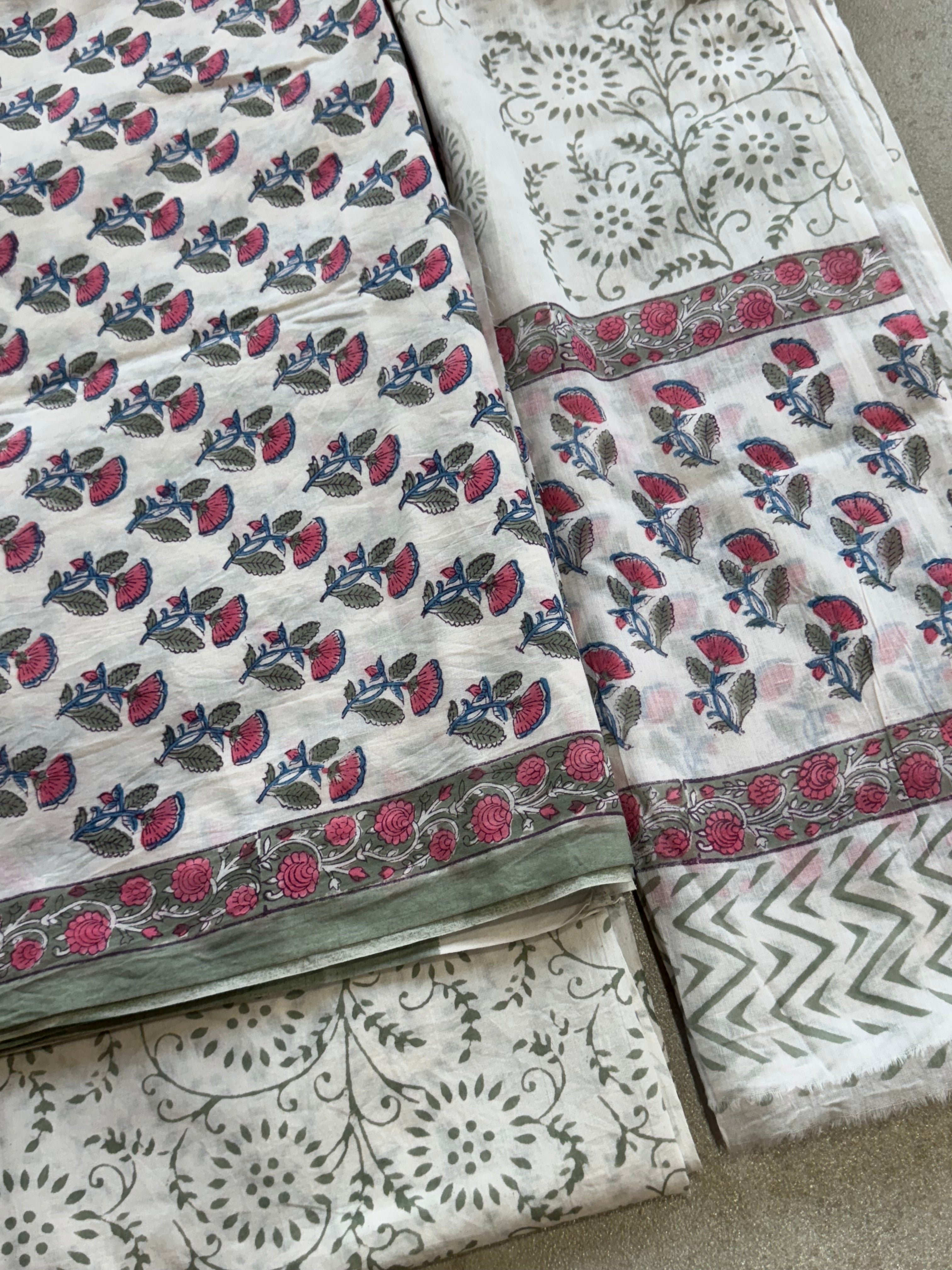 HAND BLOCK PRINTED COTTON UNSTITCHED SUIT WITH MULMUL DUPATTA