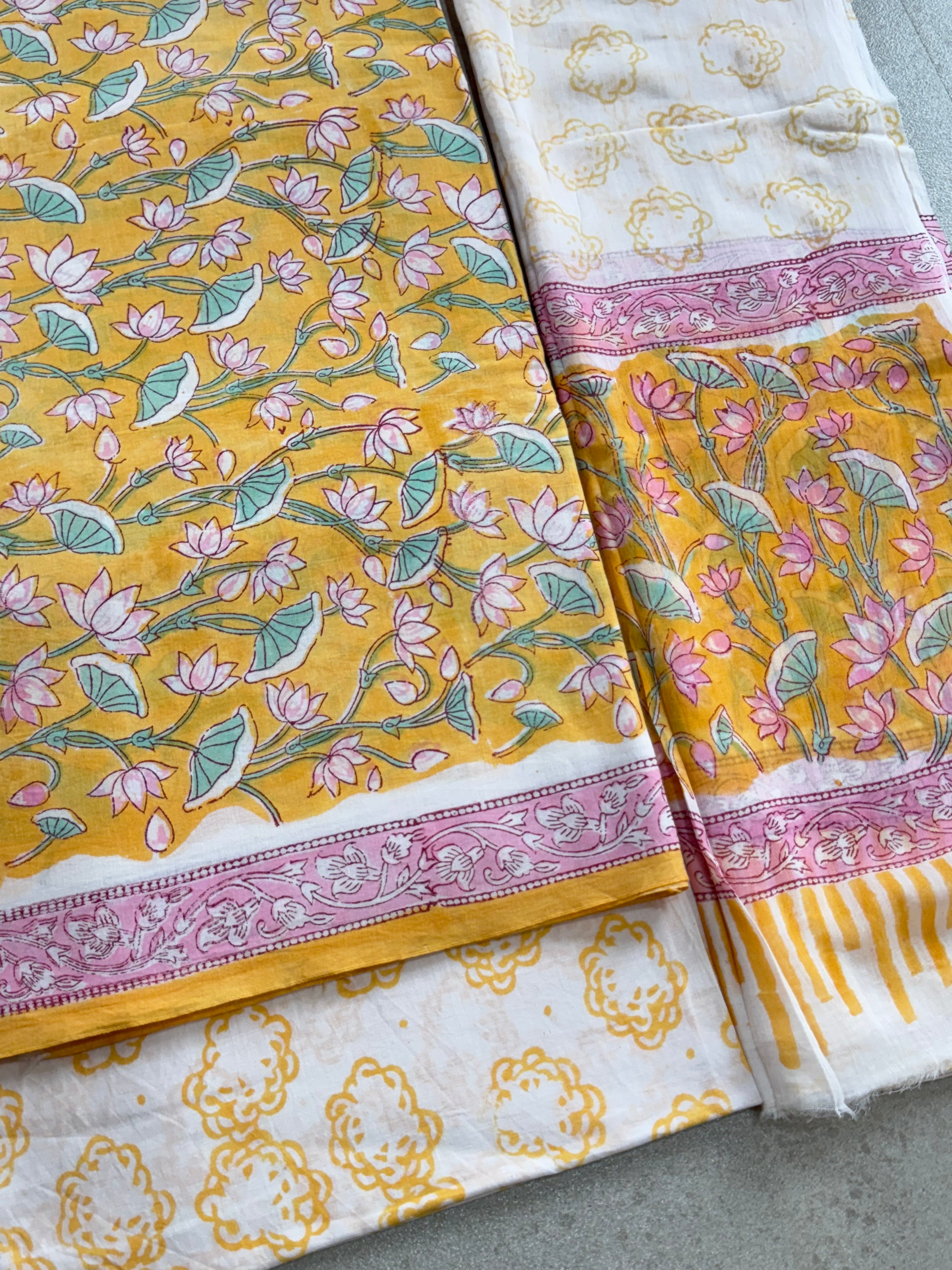 HAND BLOCK PRINTED COTTON UNSTITCHED SUIT WITH MULMUL DUPATTA