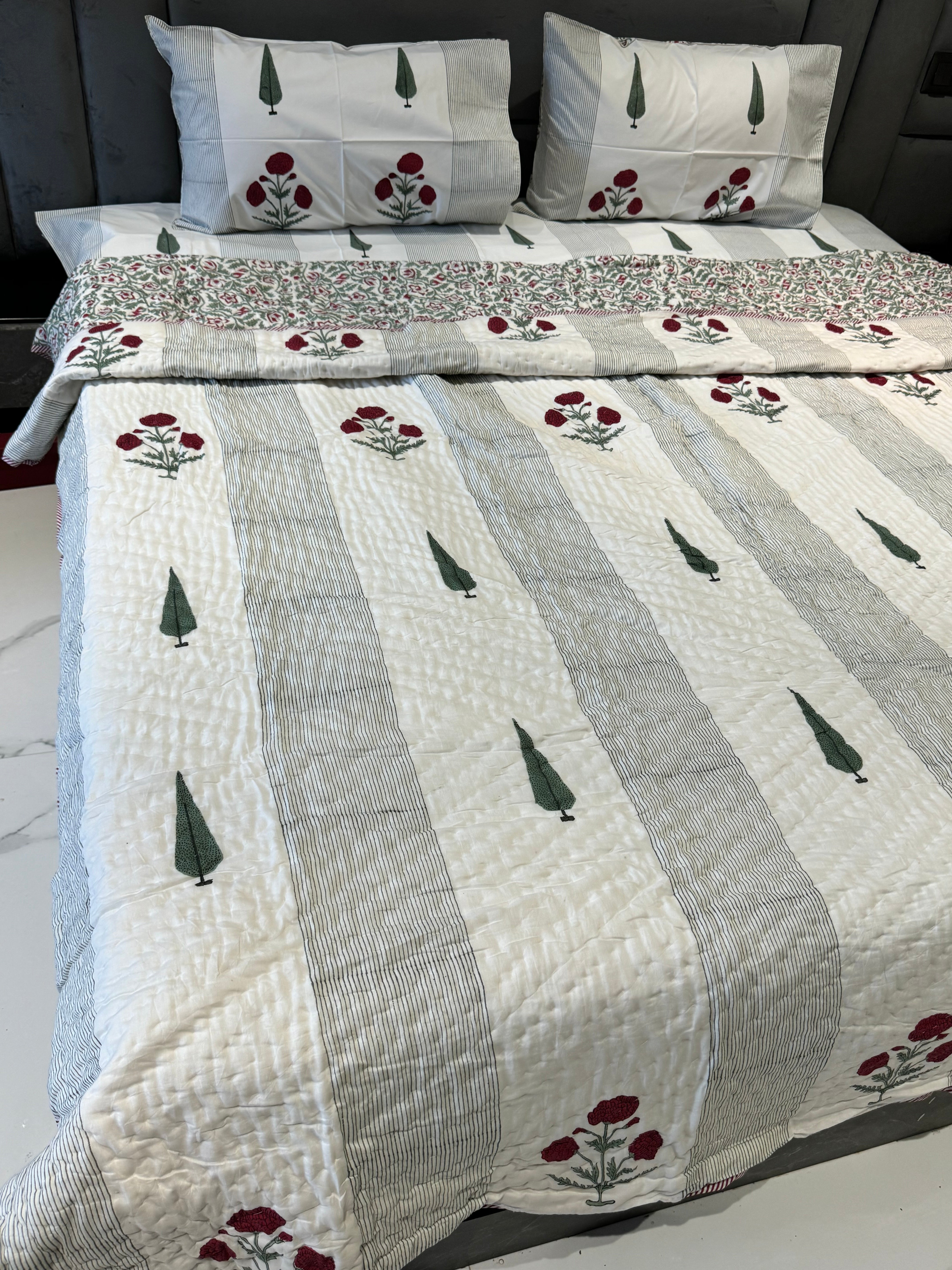 POPPY WITH PANELLING HANDBLOCK PRINTED BEDDING SET