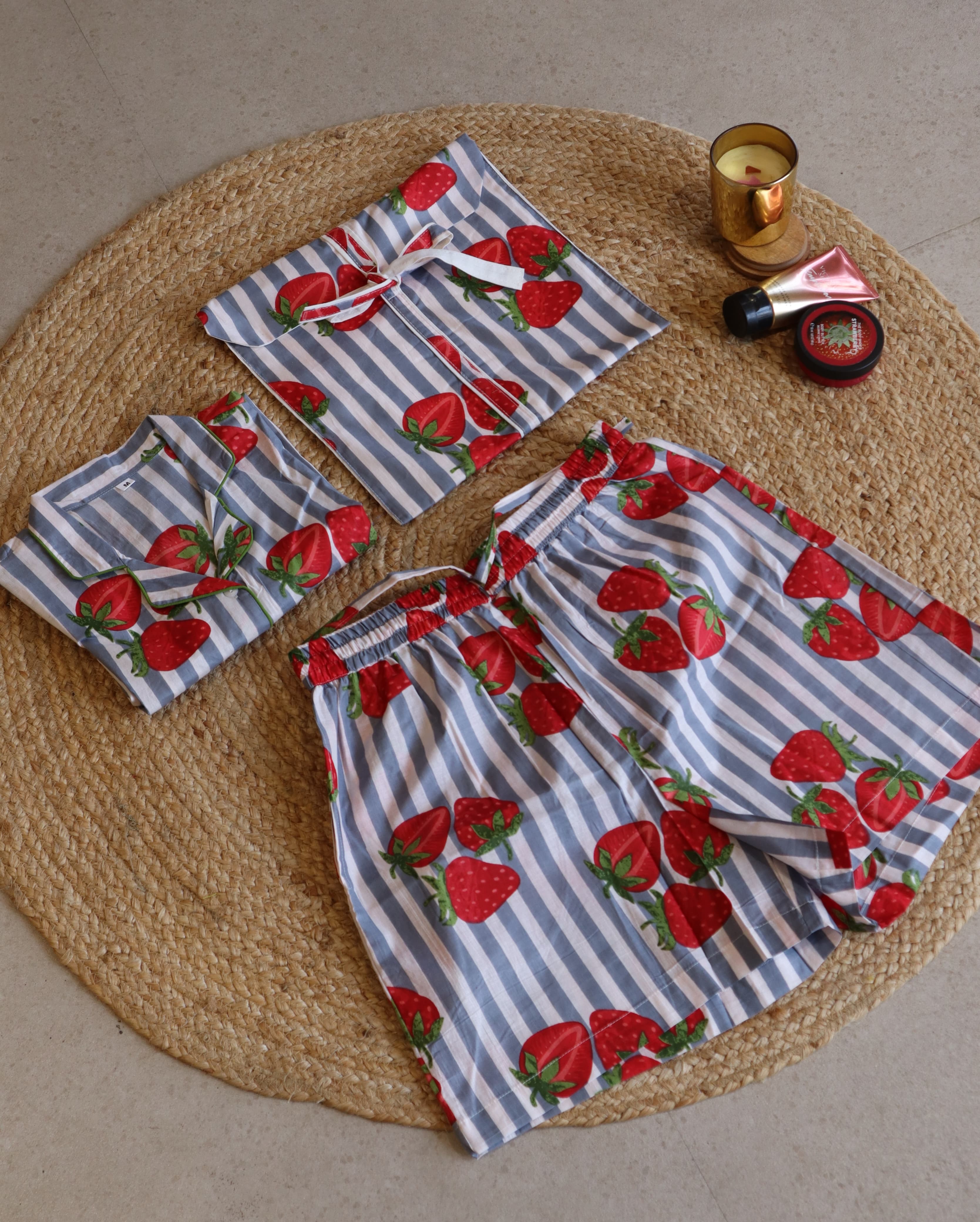 GREY STRAWBERRY HALF SHIRT AND SHORTS