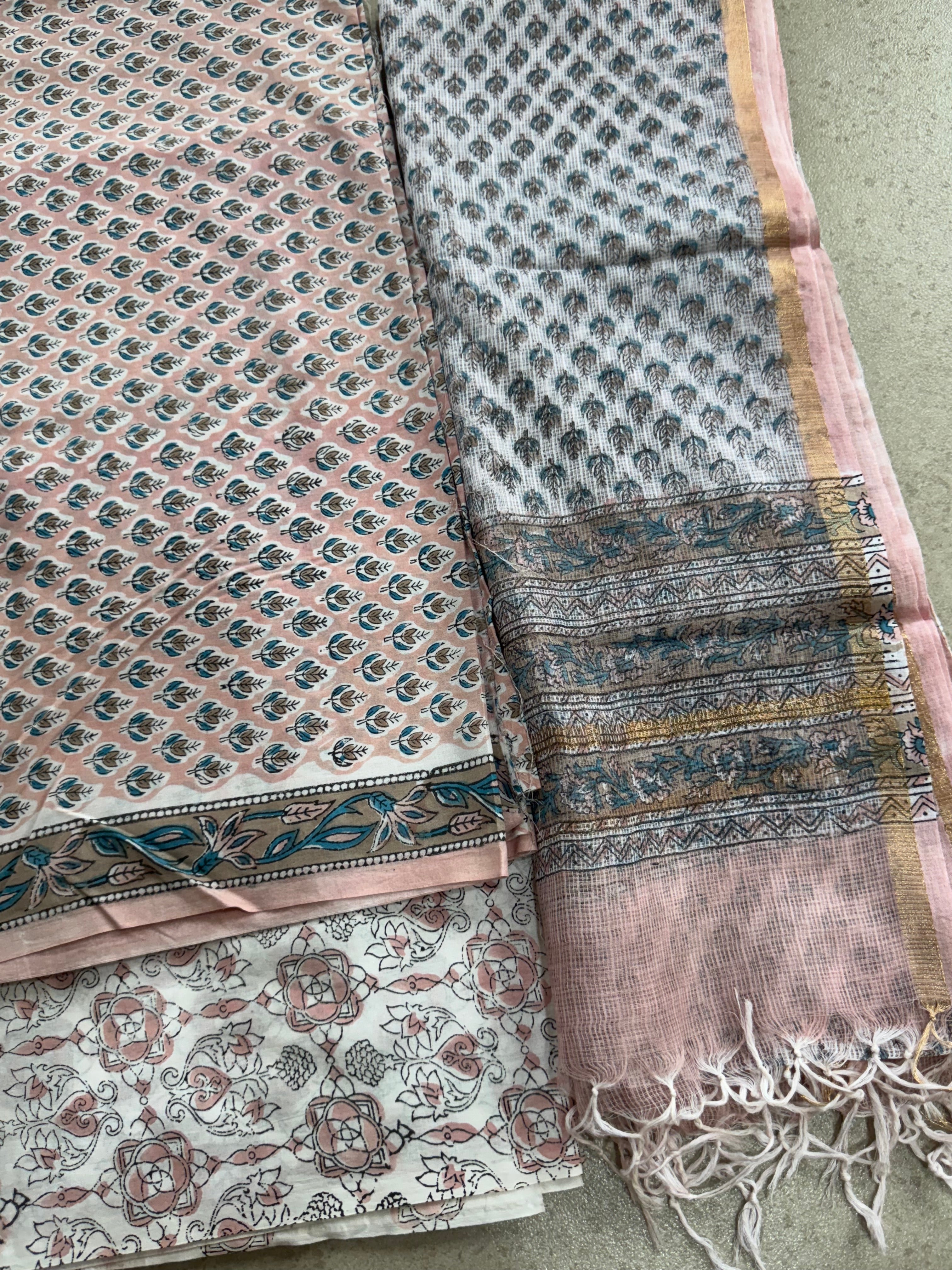 HAND BLOCK PRINTED COTTON WITH KOTA DORIYA DUPATTA UNSTITCHED SUIT