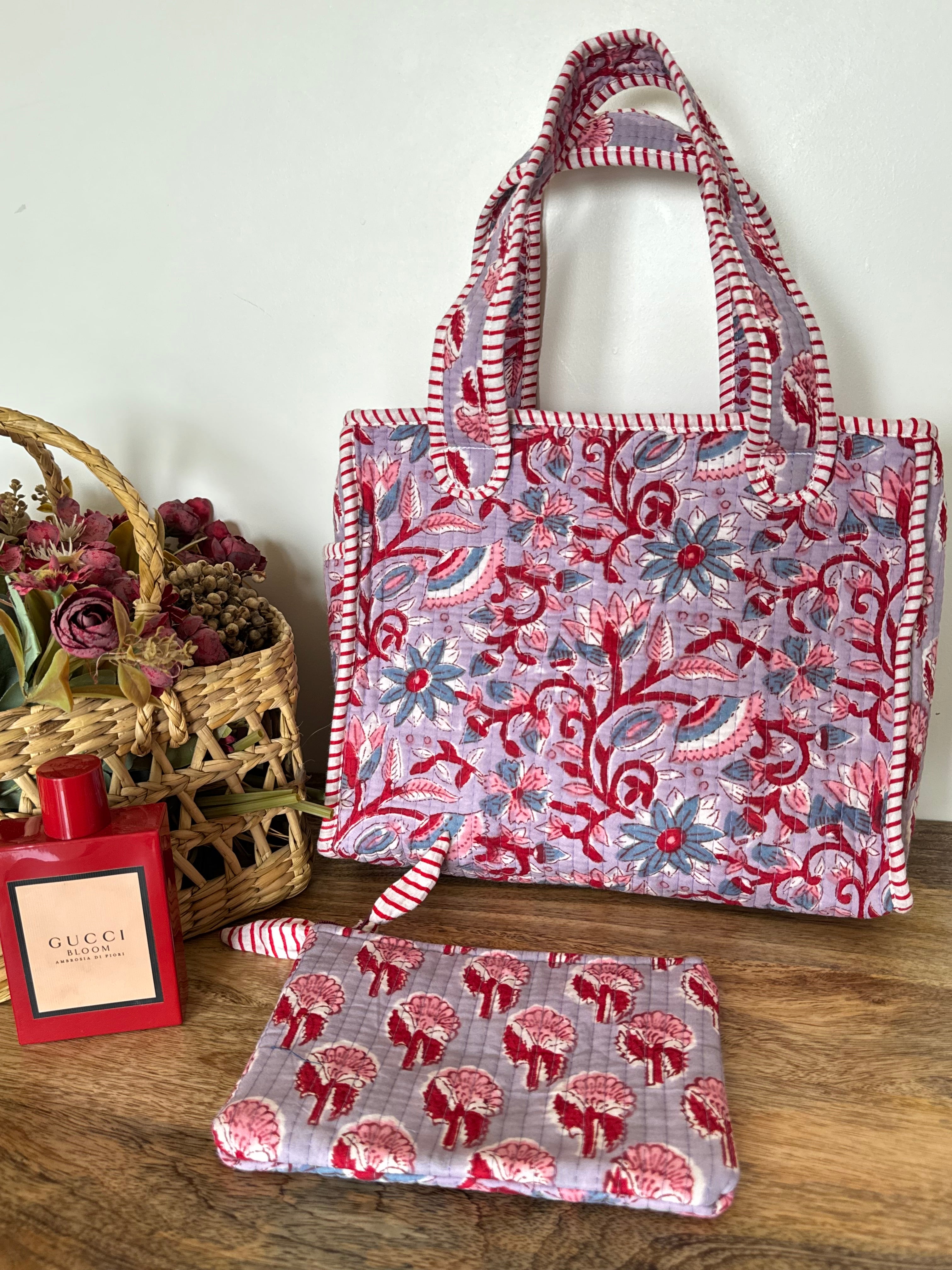 REVERSIBLE MINI TOTE BAG WITH MATCHING FLAT POUCH SET