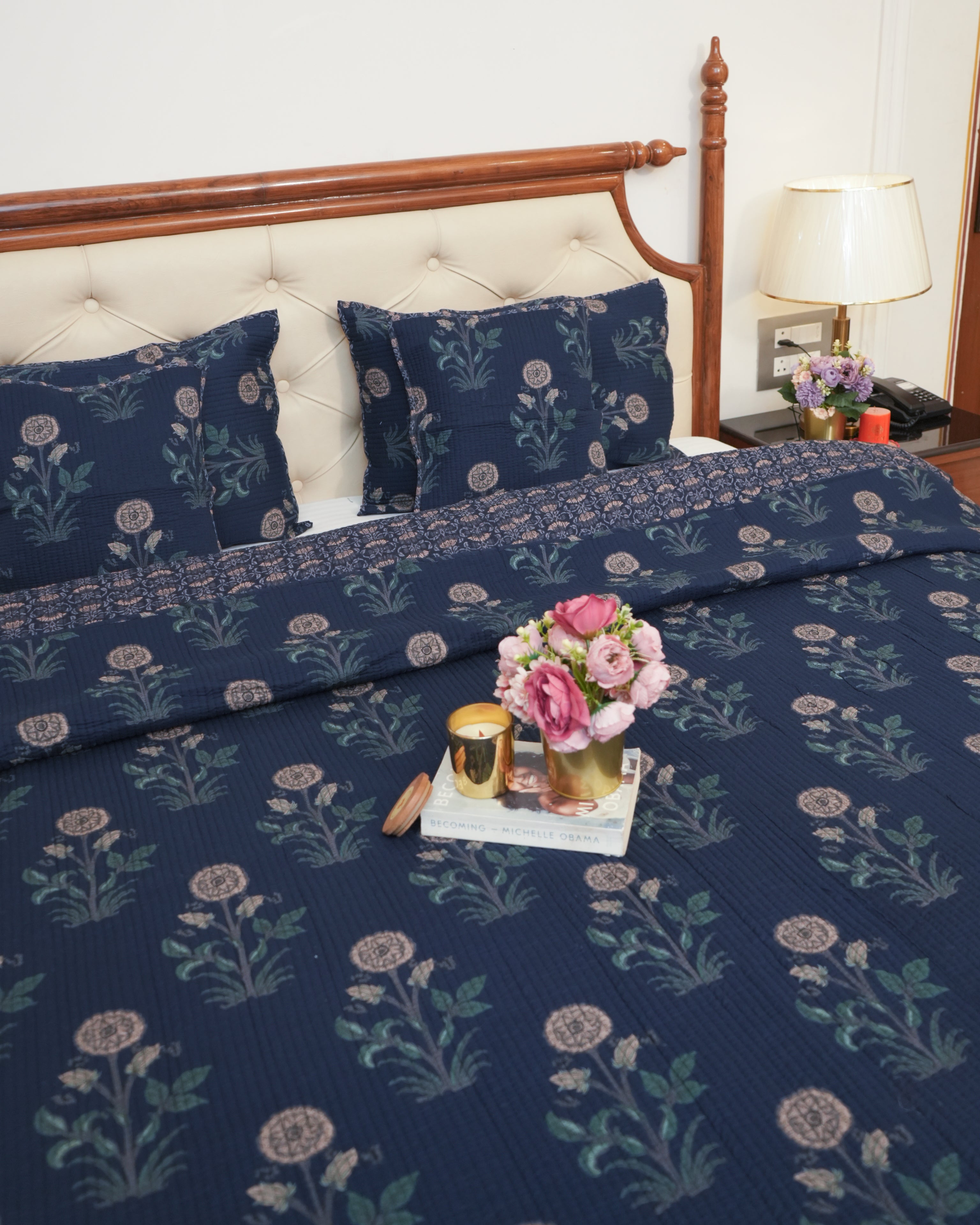 KANAK BLUE POPPY QUILTED BEDCOVER SET(5PC) - BEDCOVER + 2 PILLOW CASES + 2 CUSHION COVERS