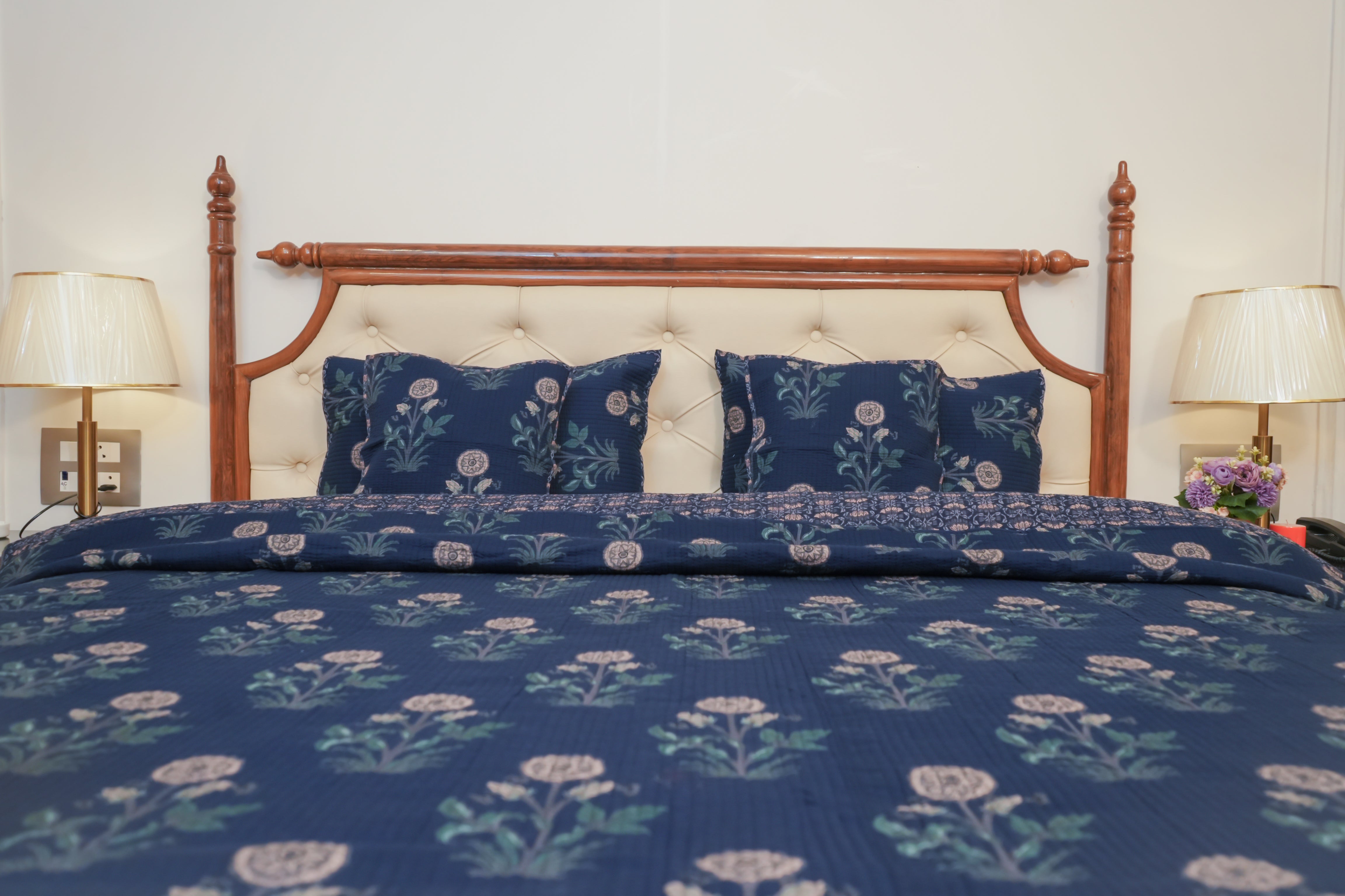 KANAK BLUE POPPY QUILTED BEDCOVER SET(5PC) - BEDCOVER + 2 PILLOW CASES + 2 CUSHION COVERS