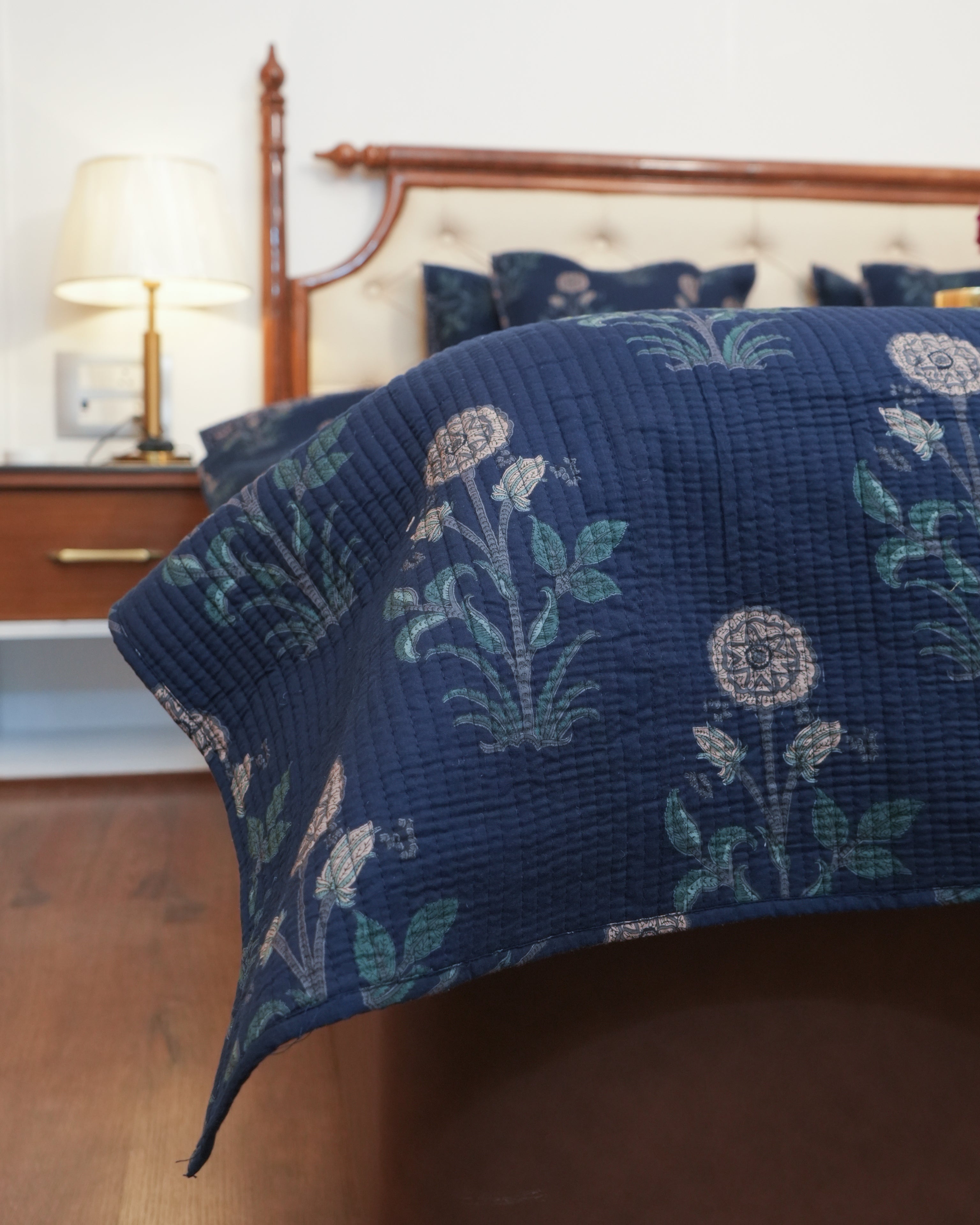 KANAK BLUE POPPY QUILTED BEDCOVER SET(5PC) - BEDCOVER + 2 PILLOW CASES + 2 CUSHION COVERS