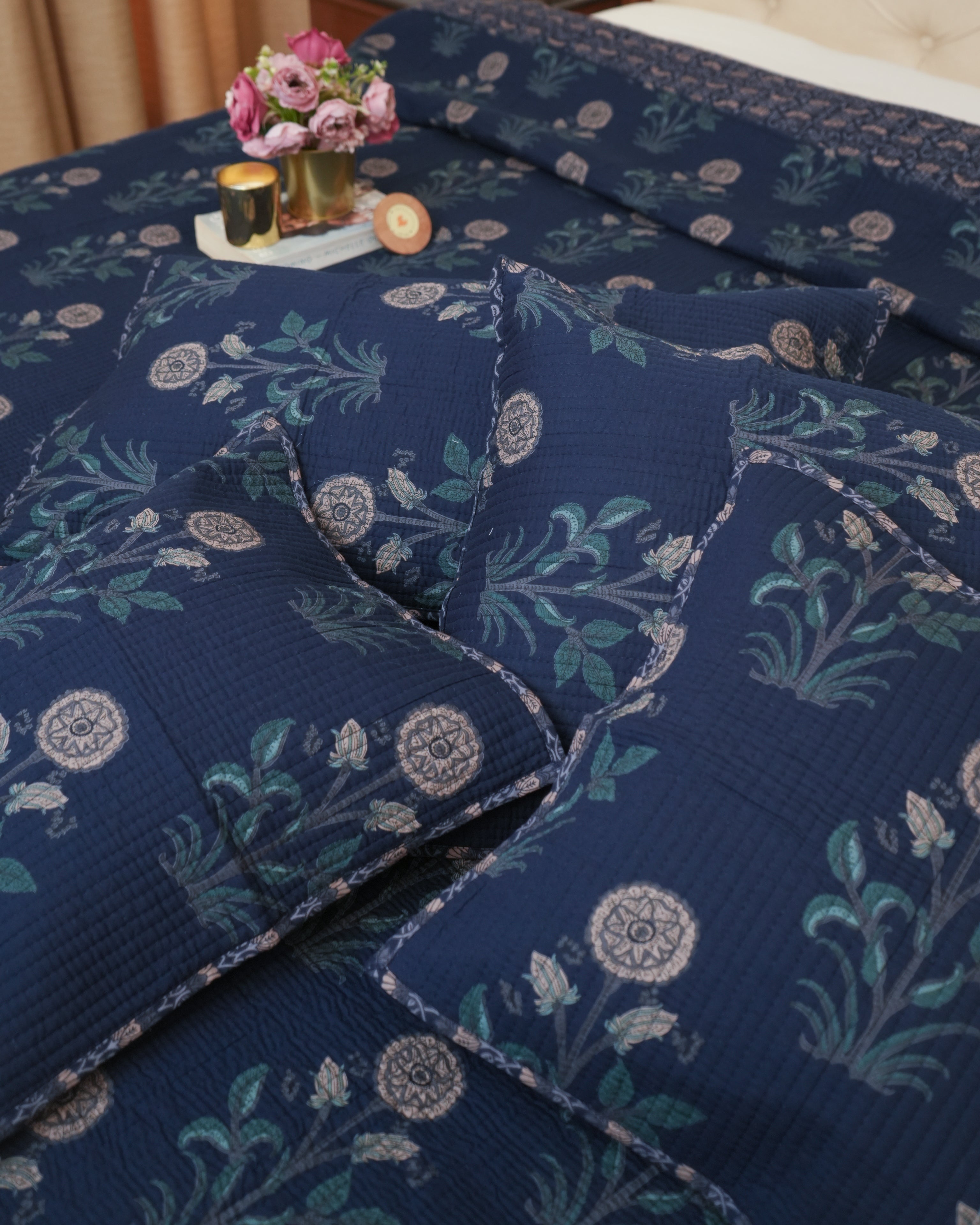 KANAK BLUE POPPY QUILTED BEDCOVER SET(5PC) - BEDCOVER + 2 PILLOW CASES + 2 CUSHION COVERS