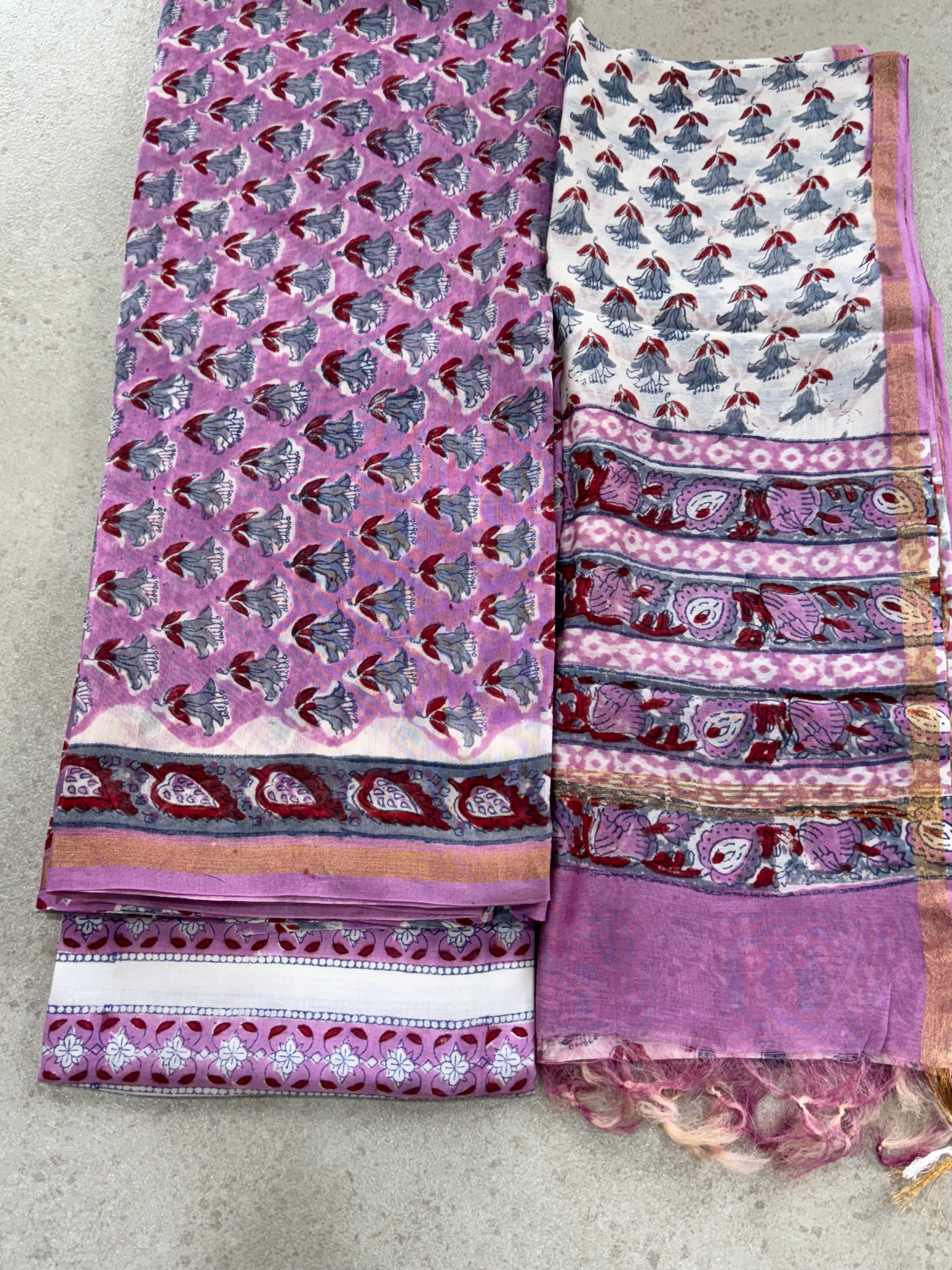 HAND BLOCK PRINTED CHANDERI UNSTITCHED SUIT