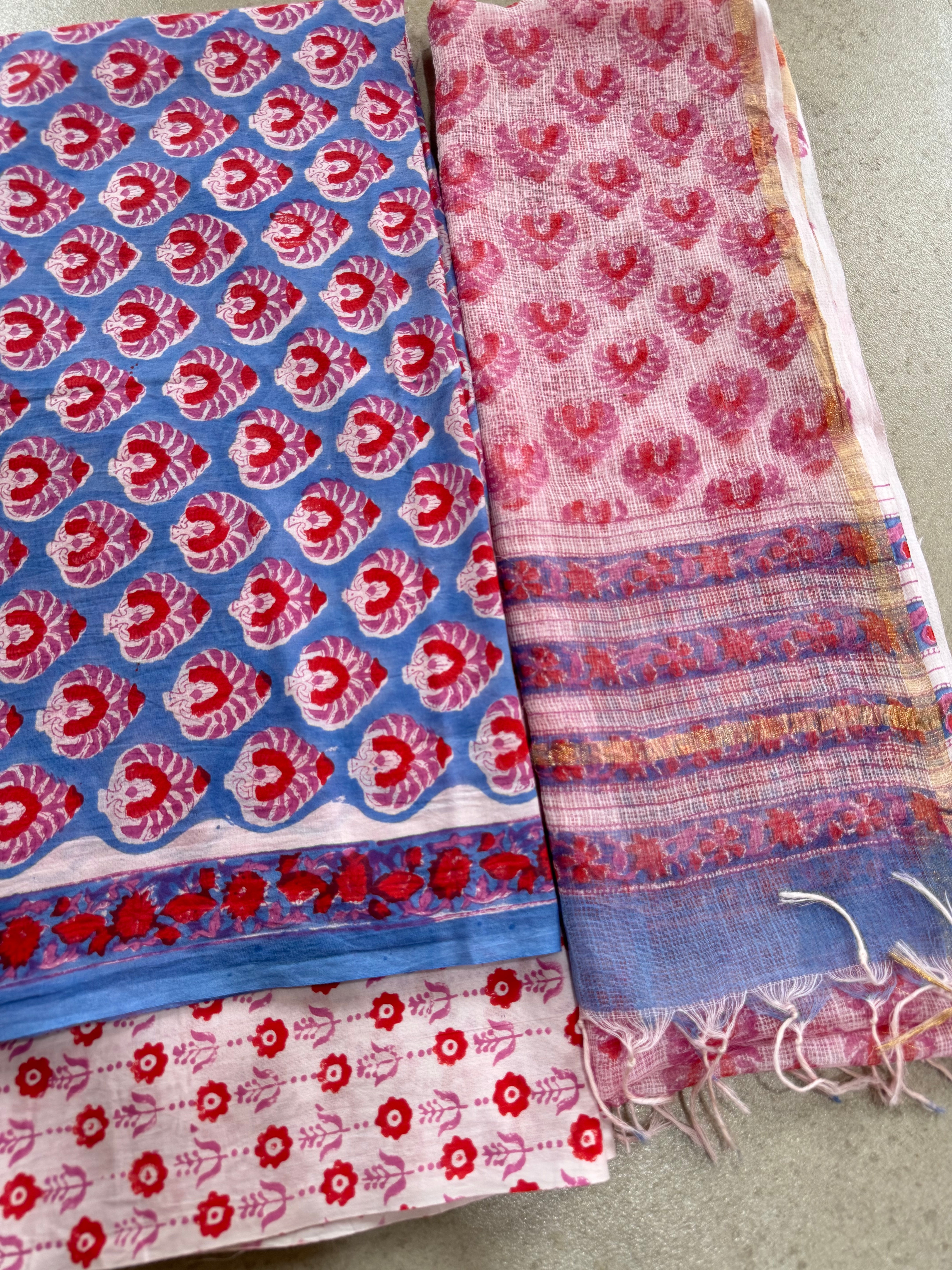 HAND BLOCK PRINTED COTTON WITH KOTA DORIYA DUPATTA UNSTITCHED SUIT