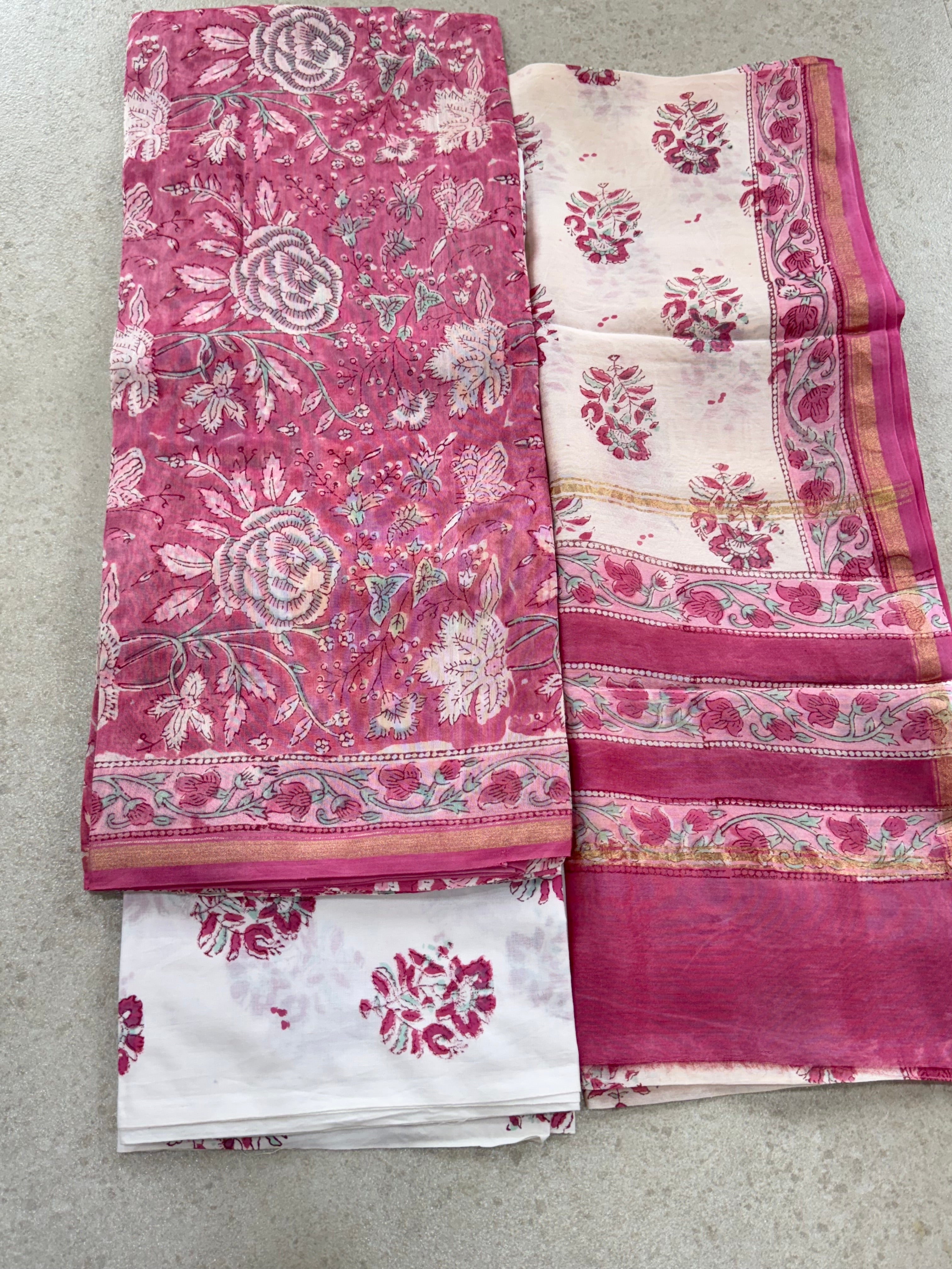 HAND BLOCK PRINTED CHANDERI UNSTITCHED SUIT