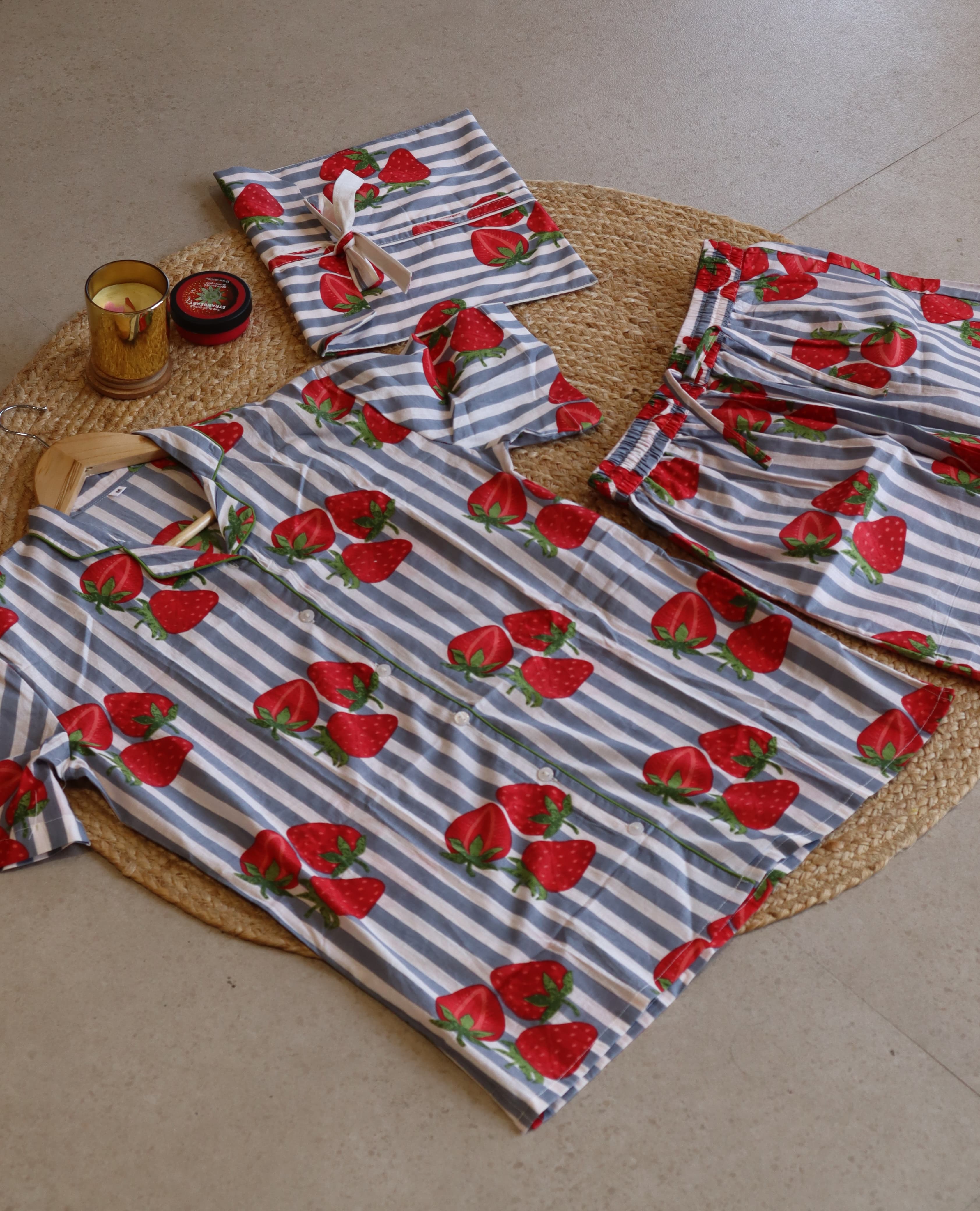 GREY STRAWBERRY HALF SHIRT AND SHORTS