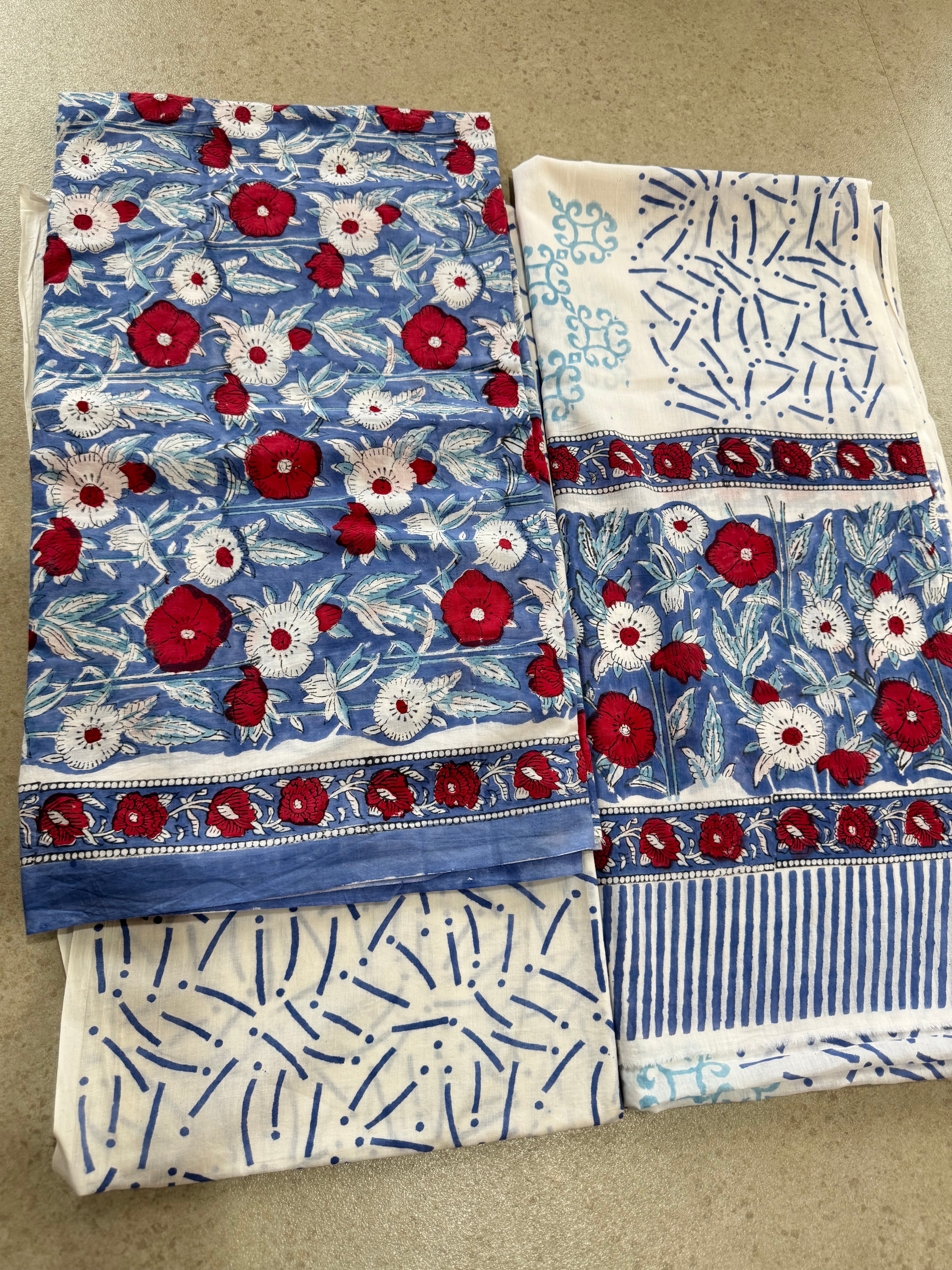 HAND BLOCK PRINTED COTTON UNSTITCHED SUIT WITH MULMUL DUPATTA
