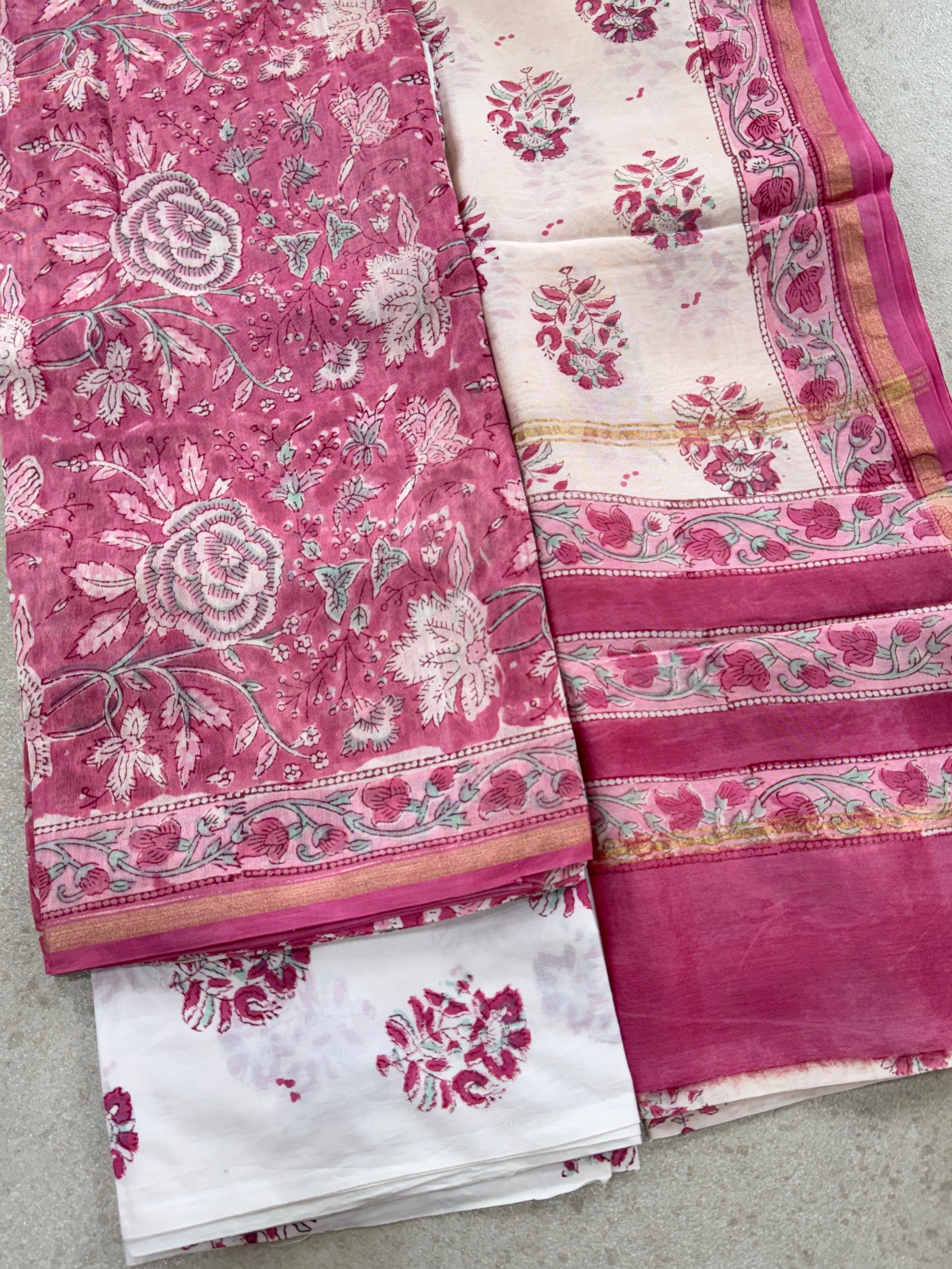 HAND BLOCK PRINTED CHANDERI UNSTITCHED SUIT