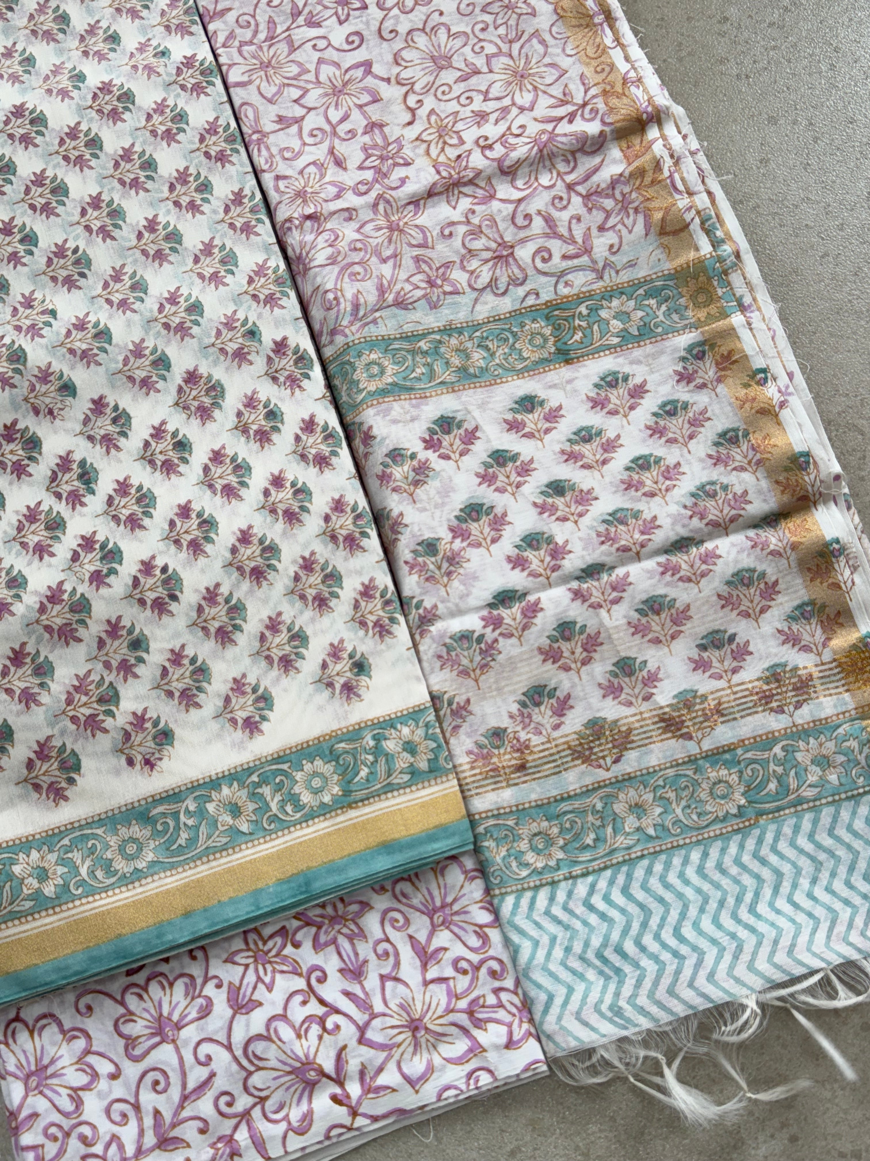 HAND BLOCK PRINTED CHANDERI UNSTITCHED SUIT