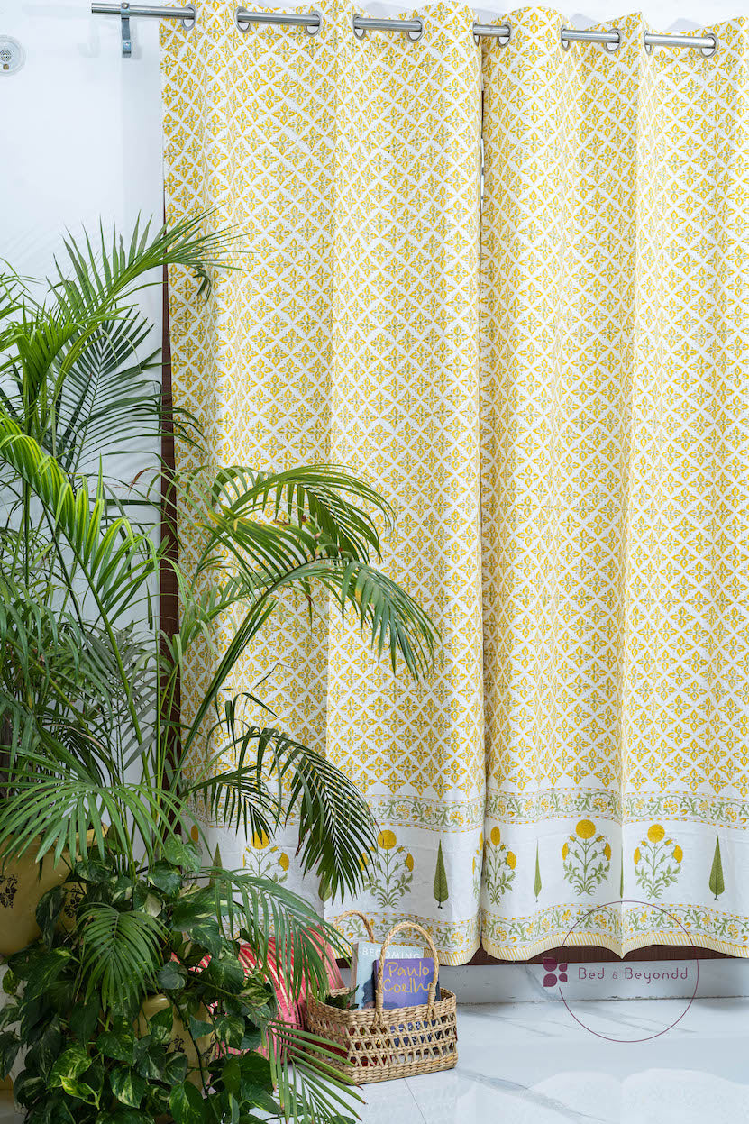 YELLOW MARIGOLD DARK HANDBLOCK PRINTED CURTAIN