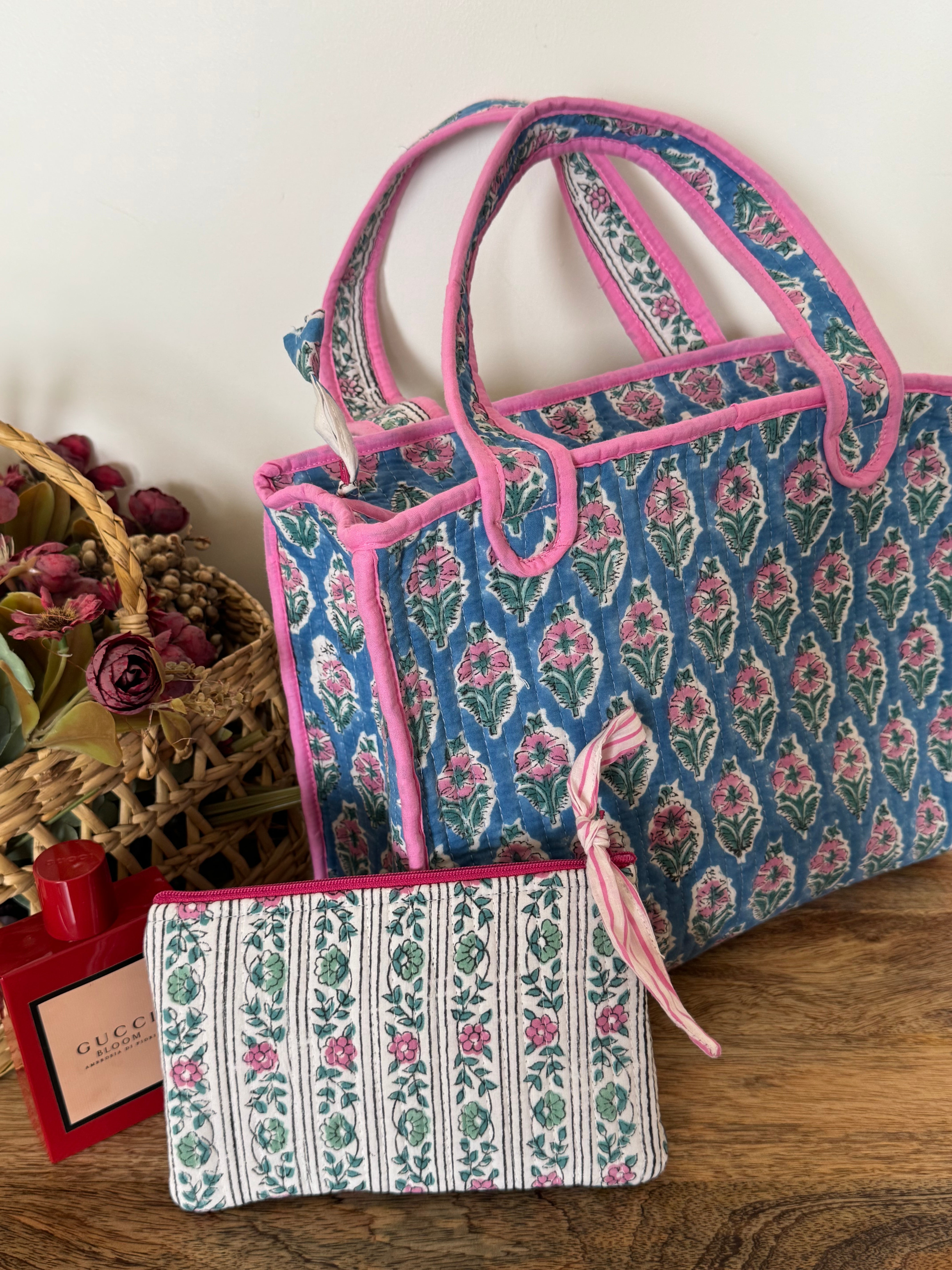 REVERSIBLE MINI TOTE BAG WITH MATCHING FLAT POUCH SET