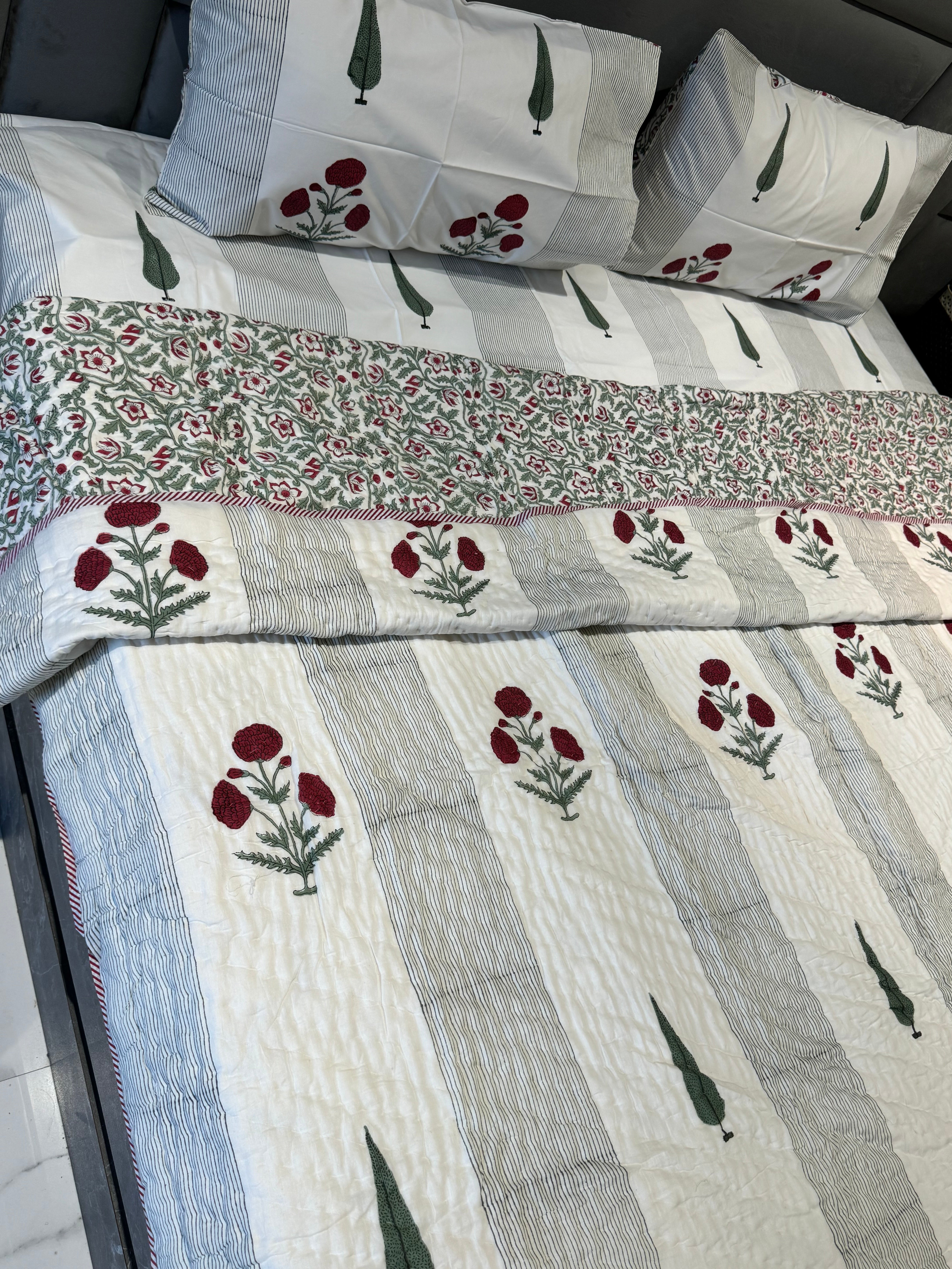 POPPY WITH PANELLING HANDBLOCK PRINTED BEDDING SET