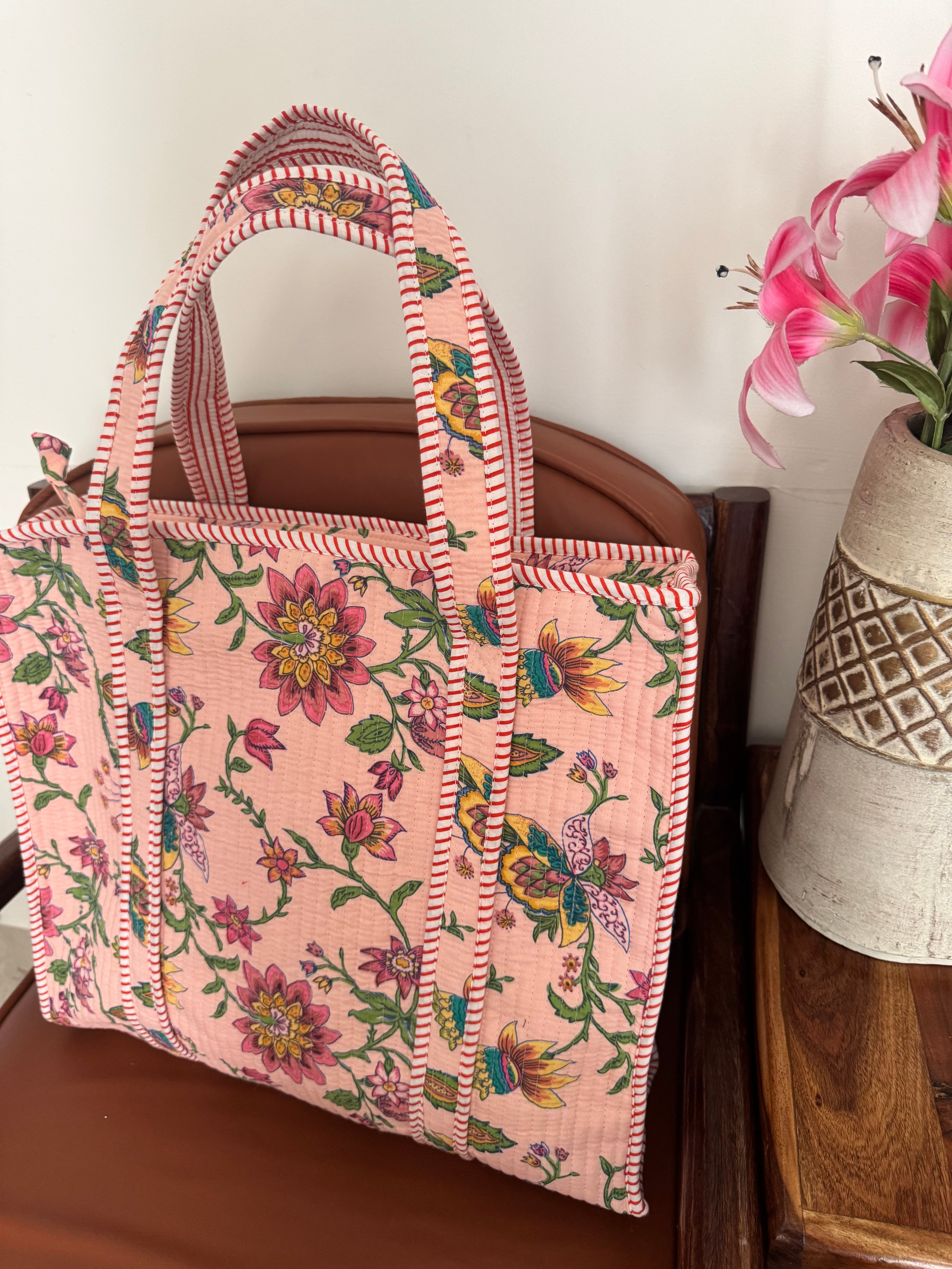 HAND BLOCK PRINTED TOTE BAG WITH ZIP