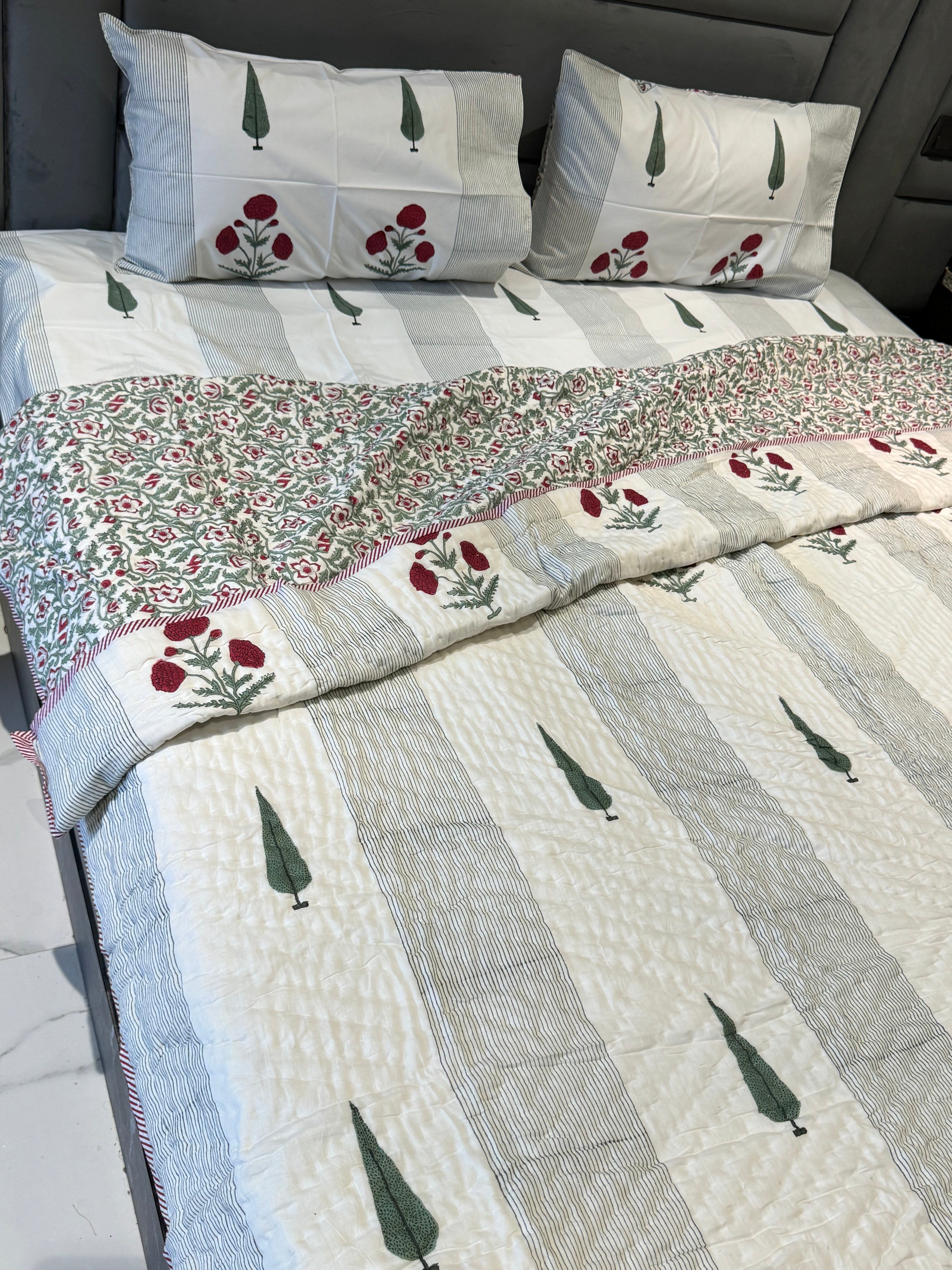POPPY WITH PANELLING HANDBLOCK PRINTED BEDDING SET