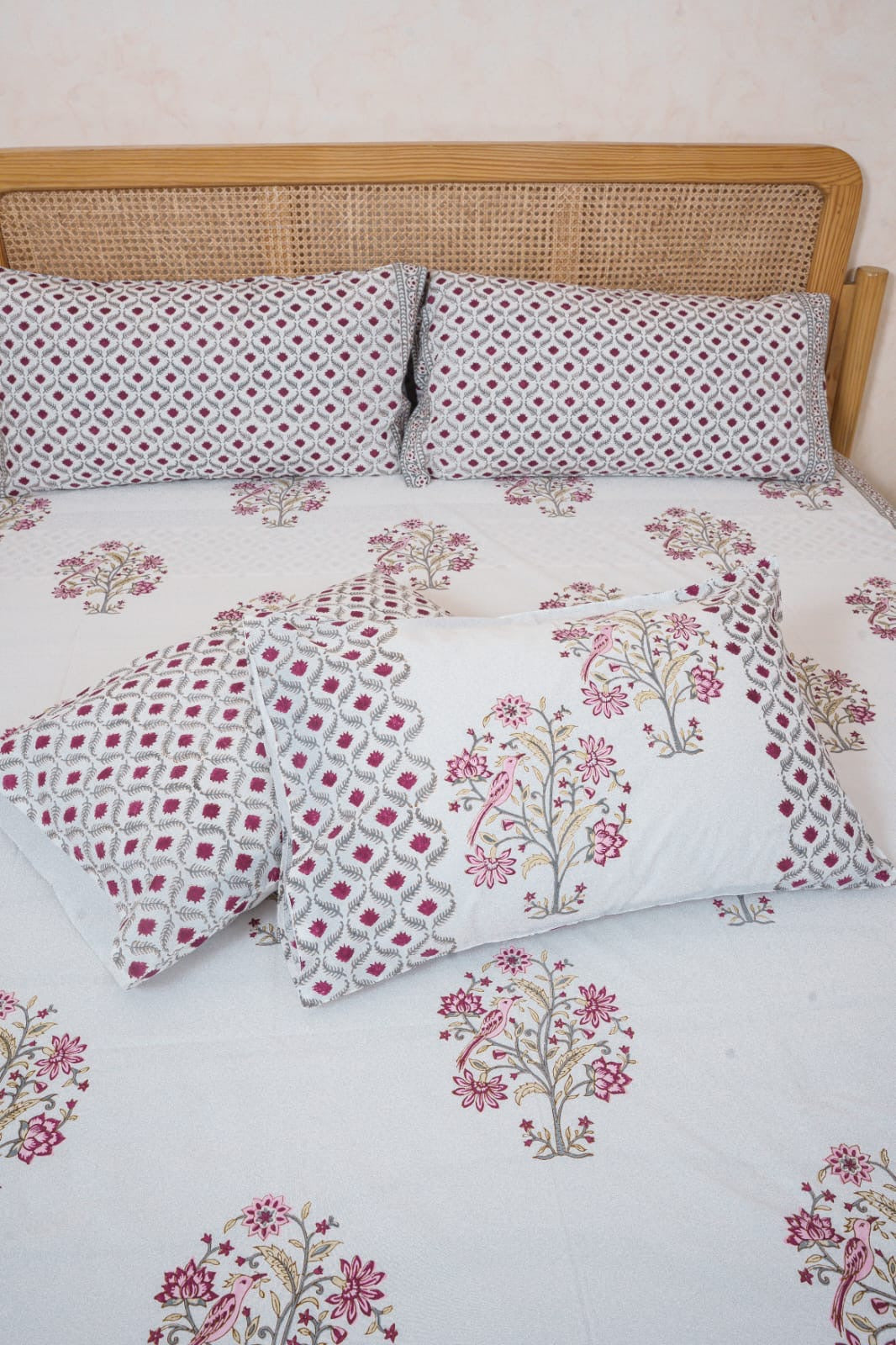BLOOM ATELIER HAND BLOCK PRINTED BEDSHEET WITH TWO REVERSIBLE PILLOW COVERS