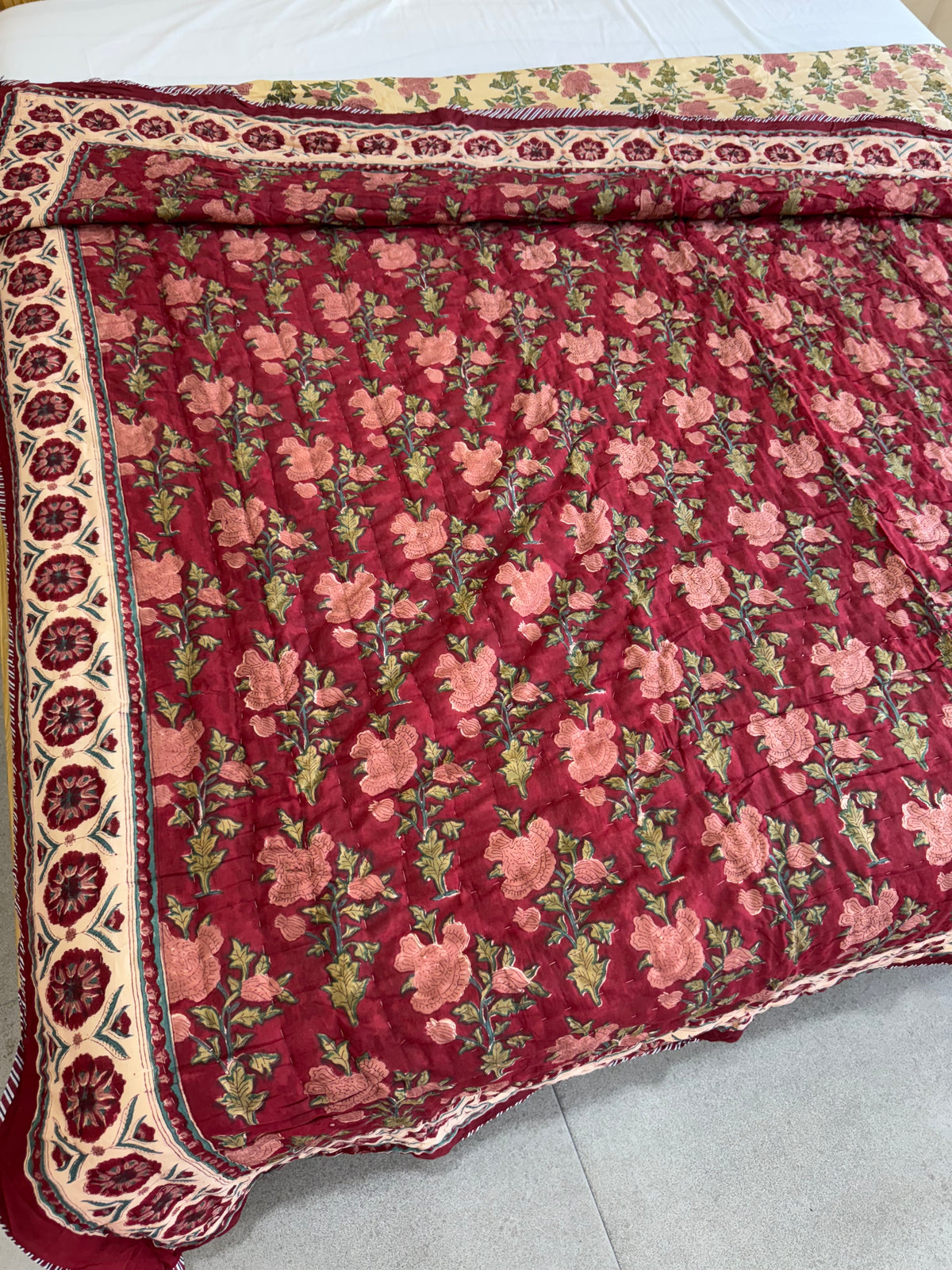 FESTIVE HAND BLOCK PRINTED REVERSIBLE QUILT (DOUBLE BED)