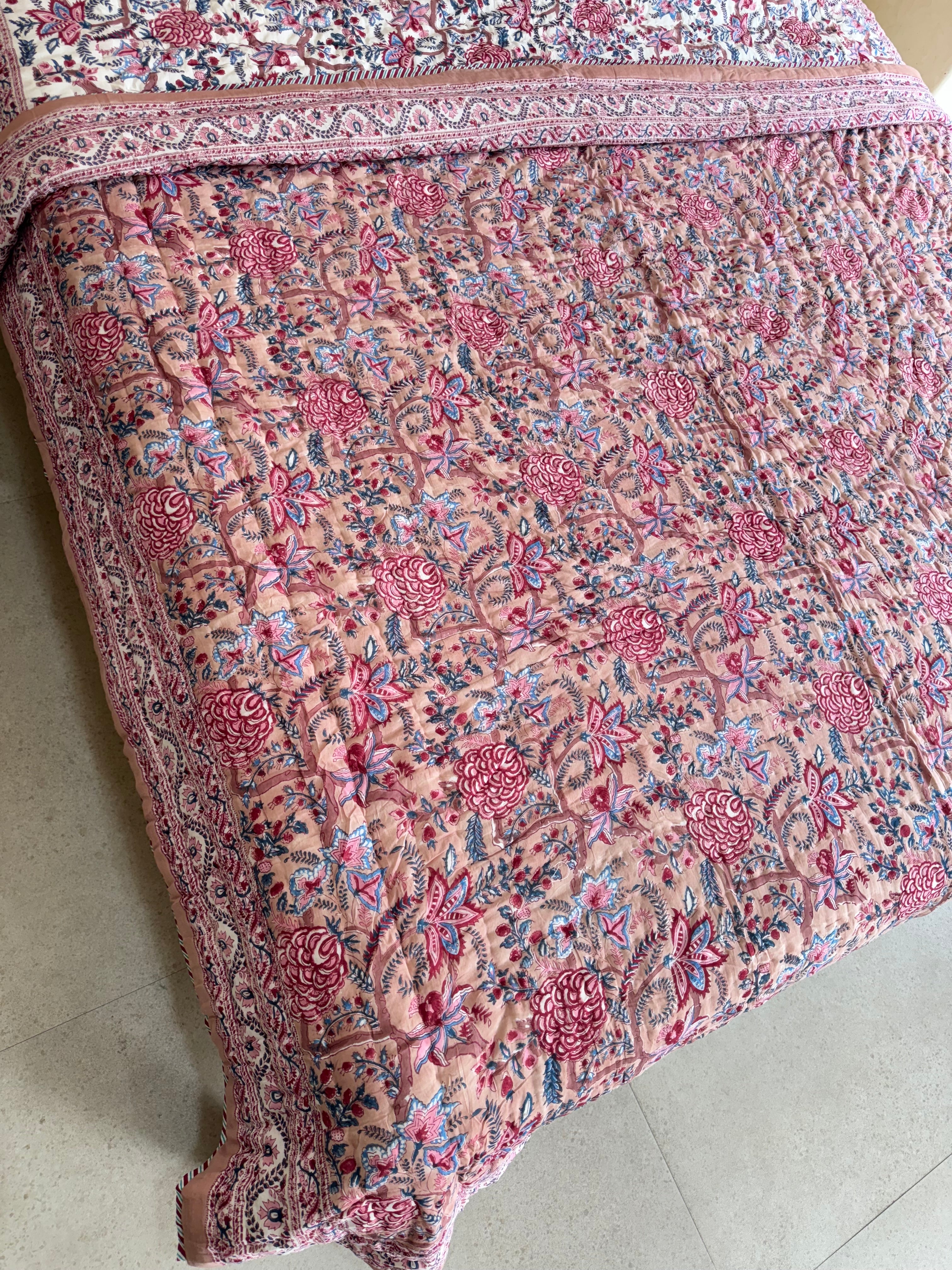 FESTIVE HAND BLOCK PRINTED REVERSIBLE QUILT (DOUBLE BED)