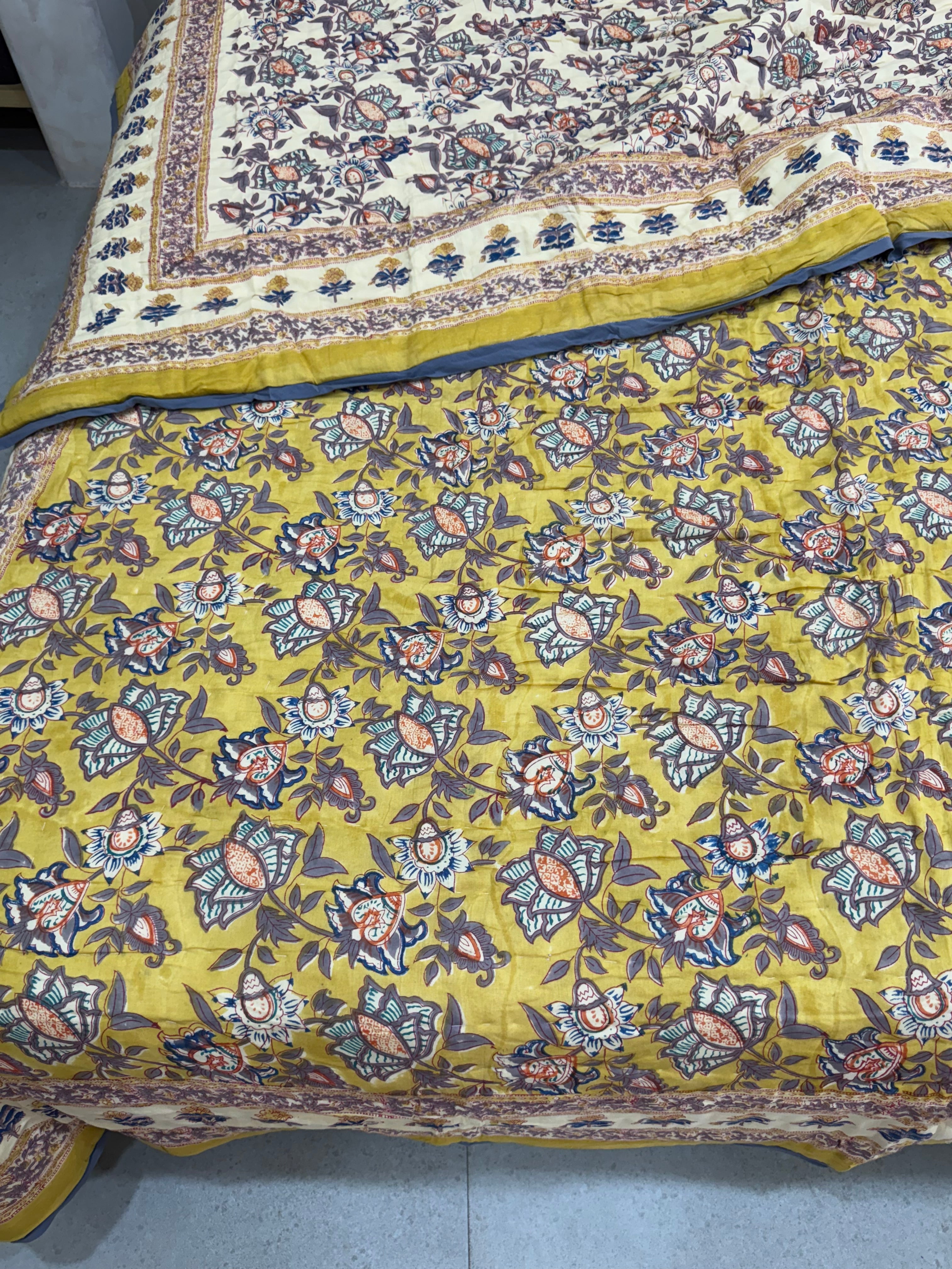 FESTIVE HAND BLOCK PRINTED REVERSIBLE QUILT (DOUBLE BED)