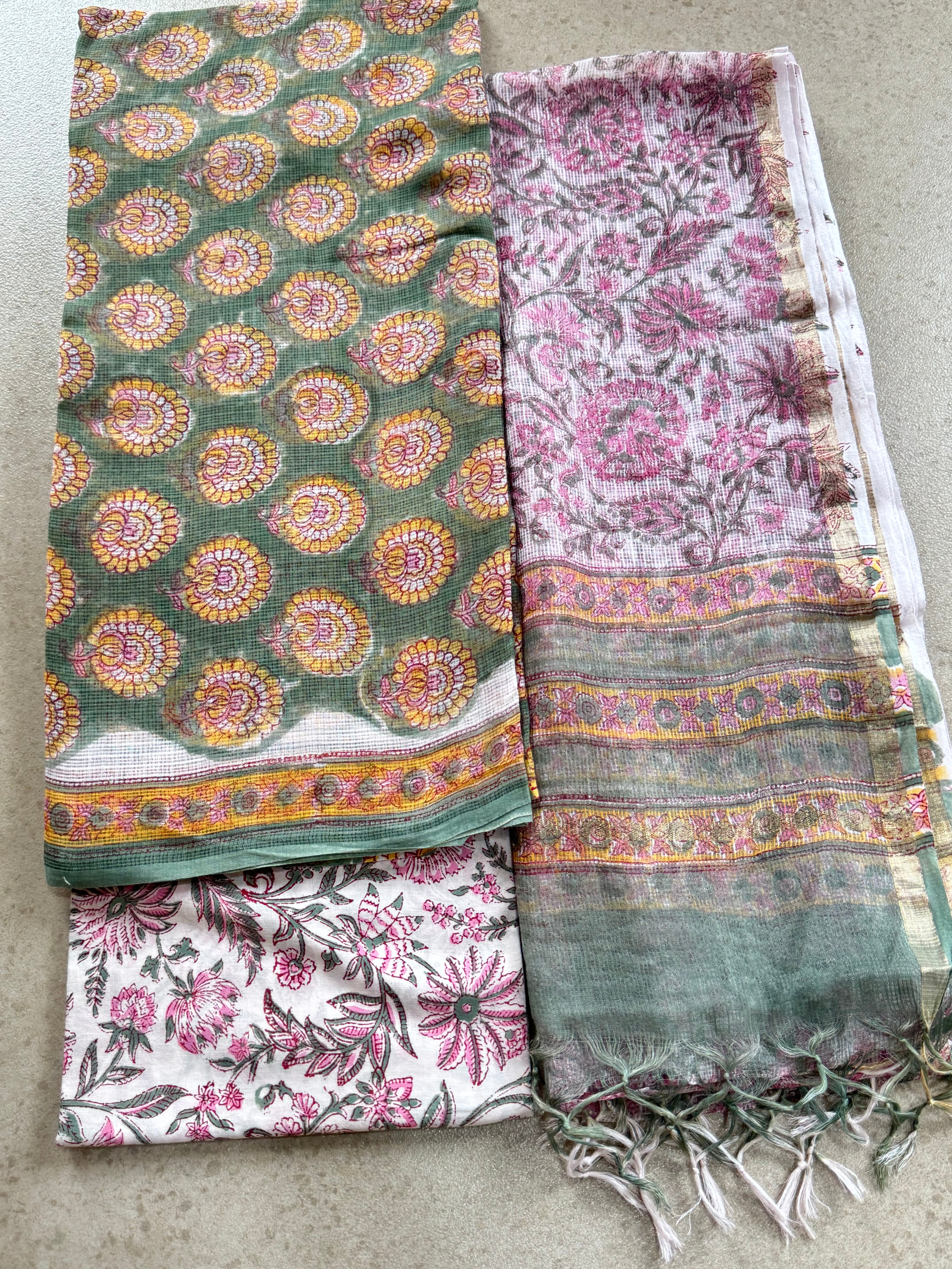 HAND BLOCK PRINTED KOTA WITH KOTA DORIYA DUPATTA UNSTITCHED SUIT