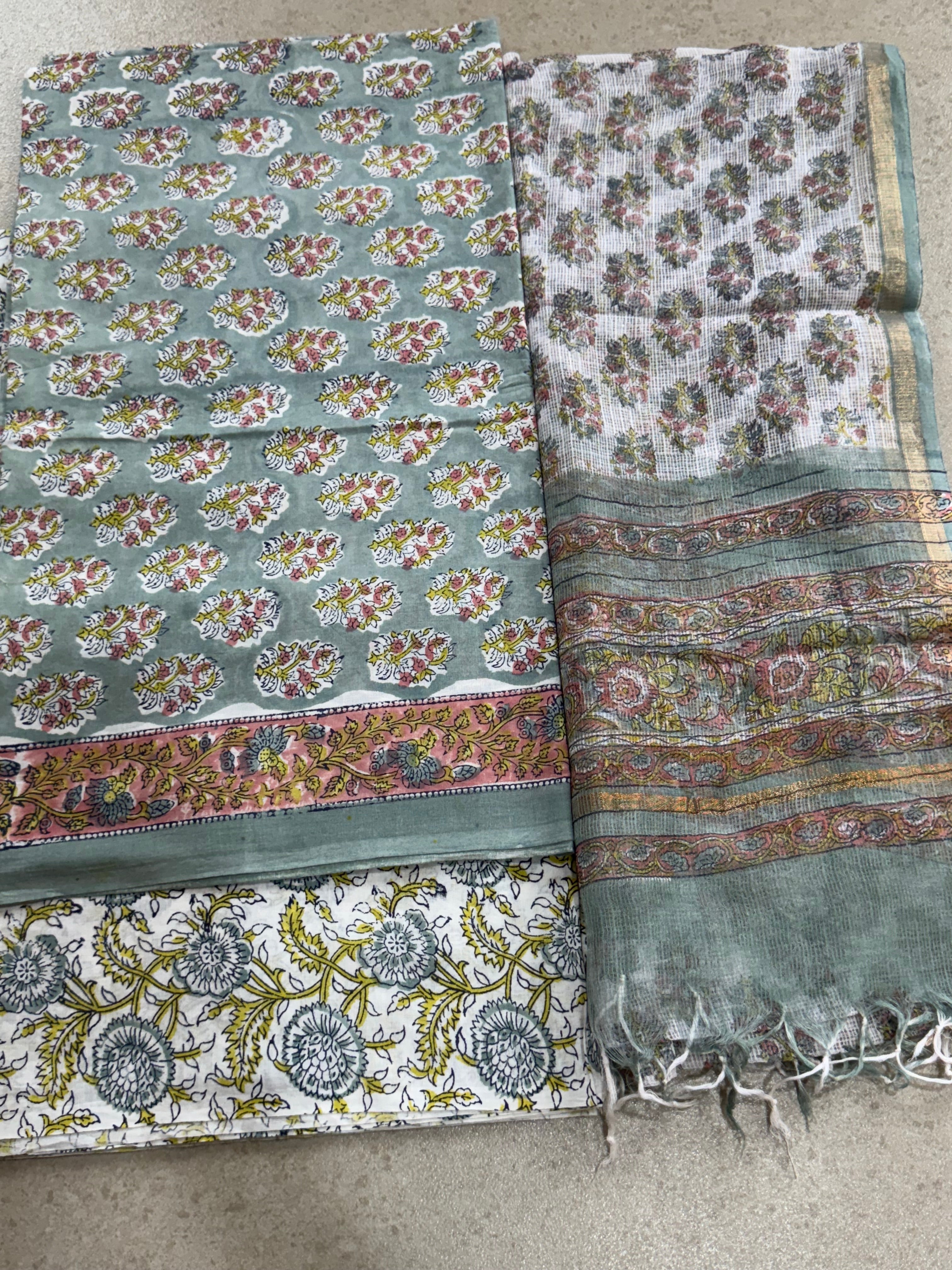 HAND BLOCK PRINTED COTTON WITH KOTA DORIYA DUPATTA UNSTITCHED SUIT