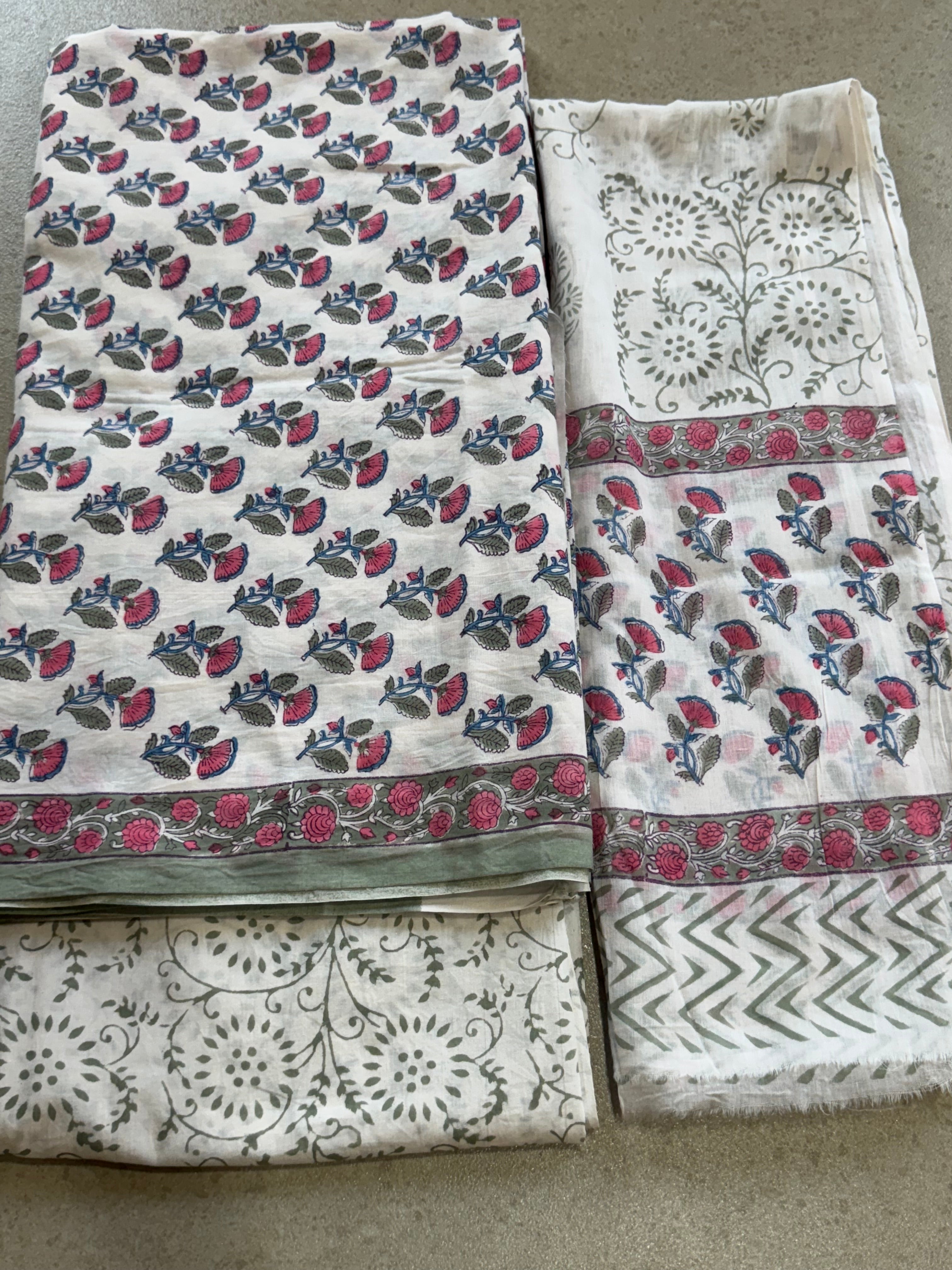 HAND BLOCK PRINTED COTTON UNSTITCHED SUIT WITH MULMUL DUPATTA