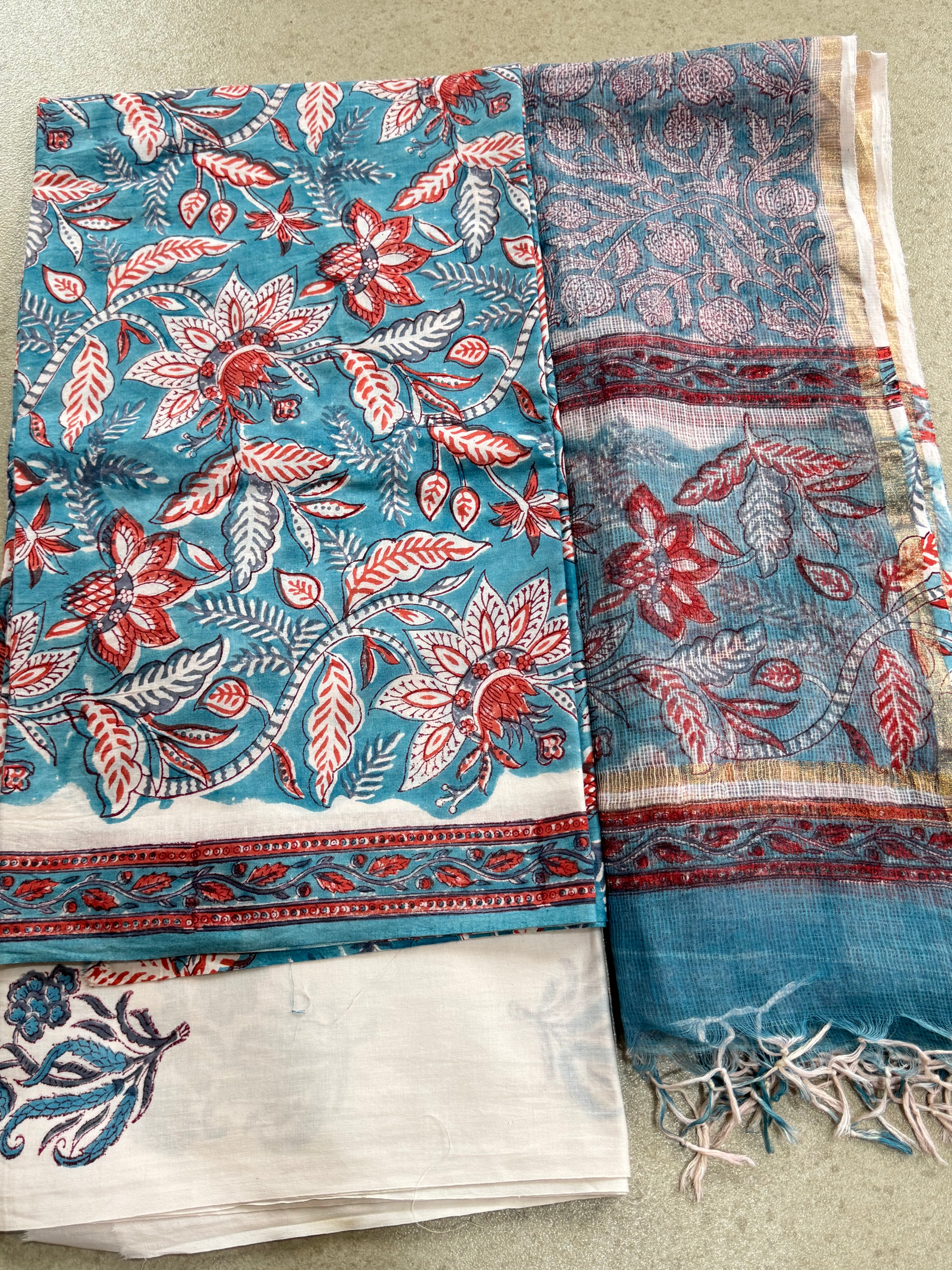 HAND BLOCK PRINTED COTTON WITH KOTA DORIYA DUPATTA UNSTITCHED SUIT
