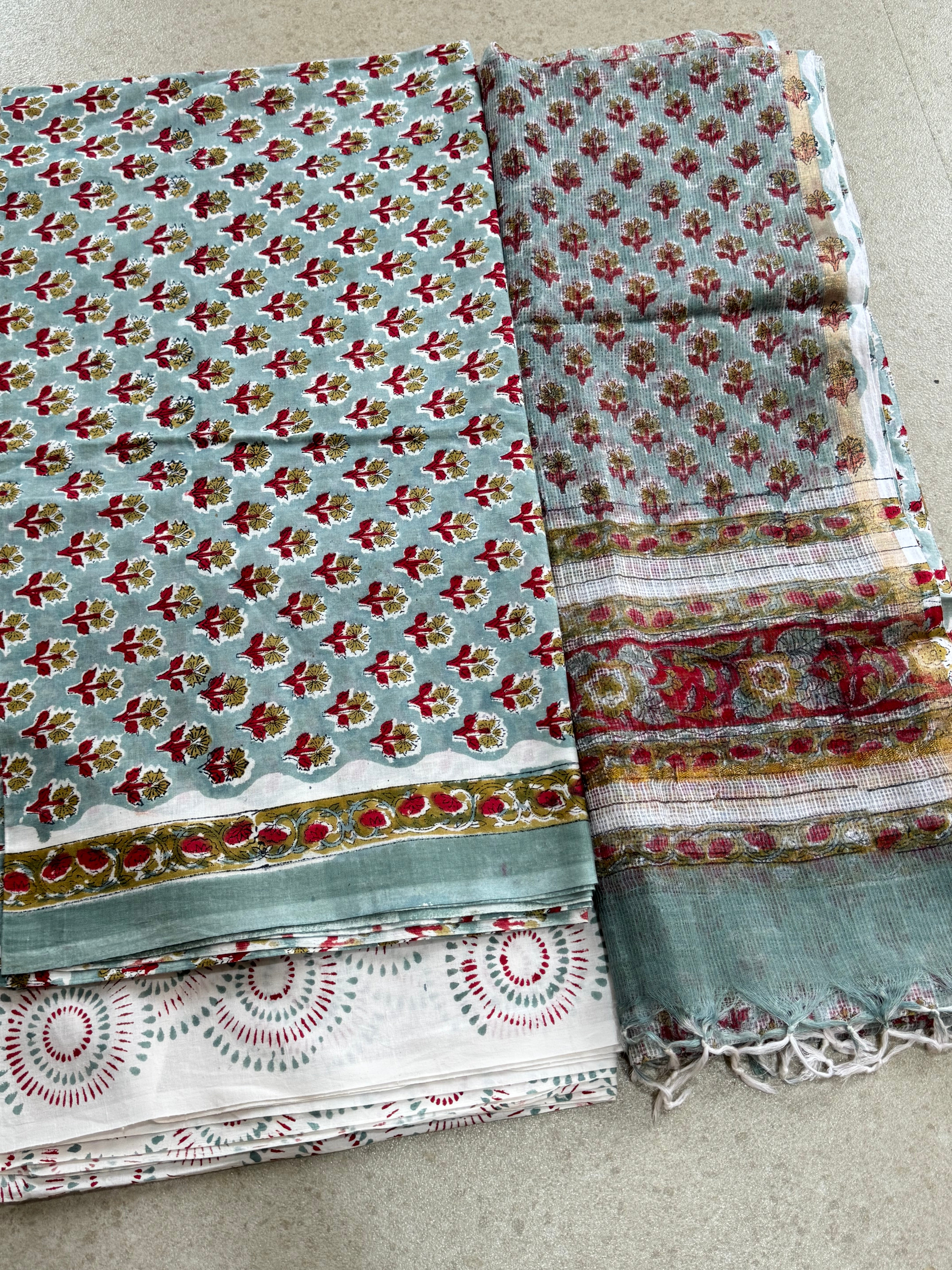 HAND BLOCK PRINTED COTTON WITH KOTA DORIYA DUPATTA UNSTITCHED SUIT