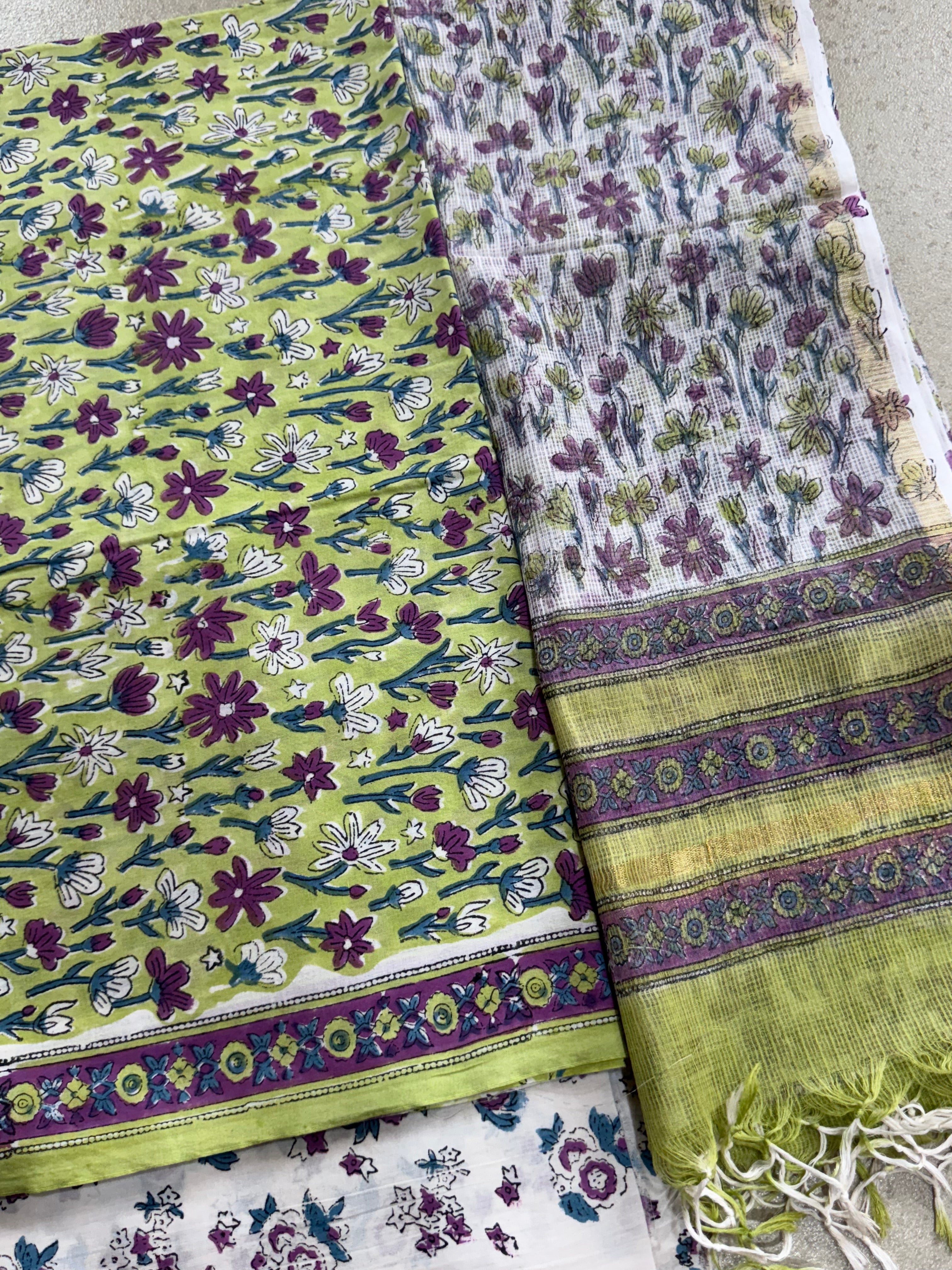 HAND BLOCK PRINTED COTTON WITH KOTA DORIYA DUPATTA UNSTITCHED SUIT