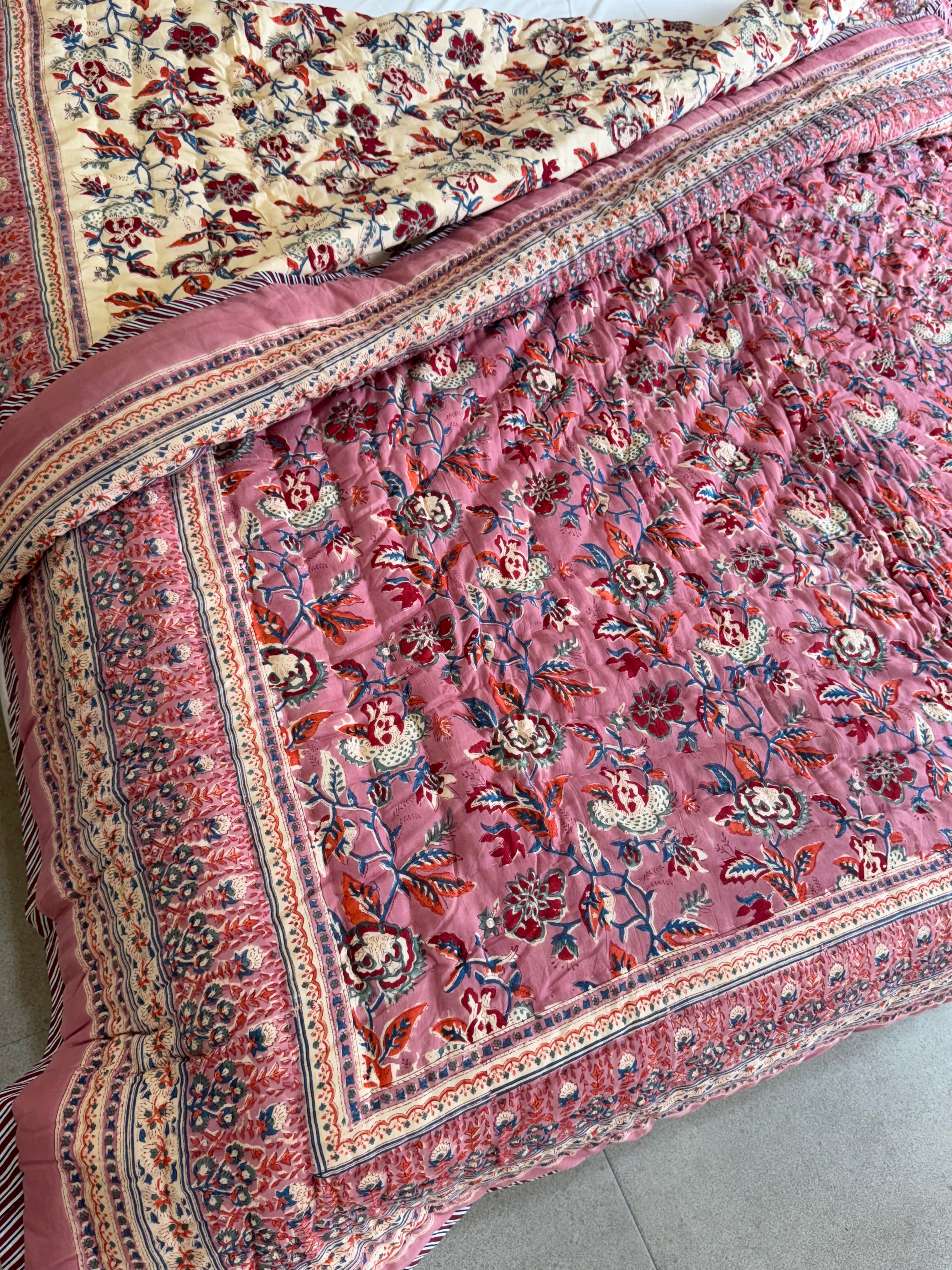 FESTIVE HAND BLOCK PRINTED REVERSIBLE QUILT (DOUBLE BED)