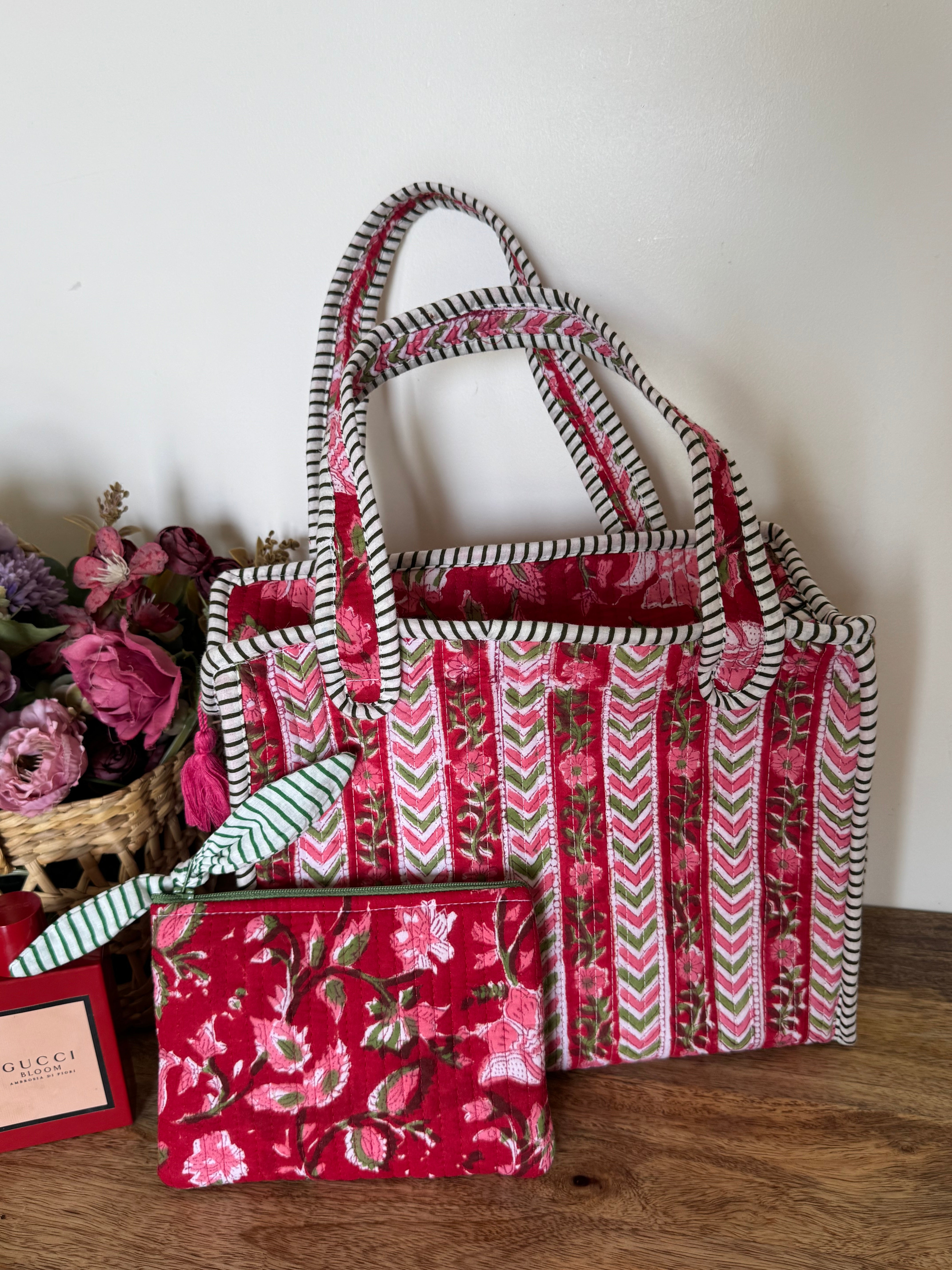 REVERSIBLE MINI TOTE BAG WITH MATCHING FLAT POUCH SET
