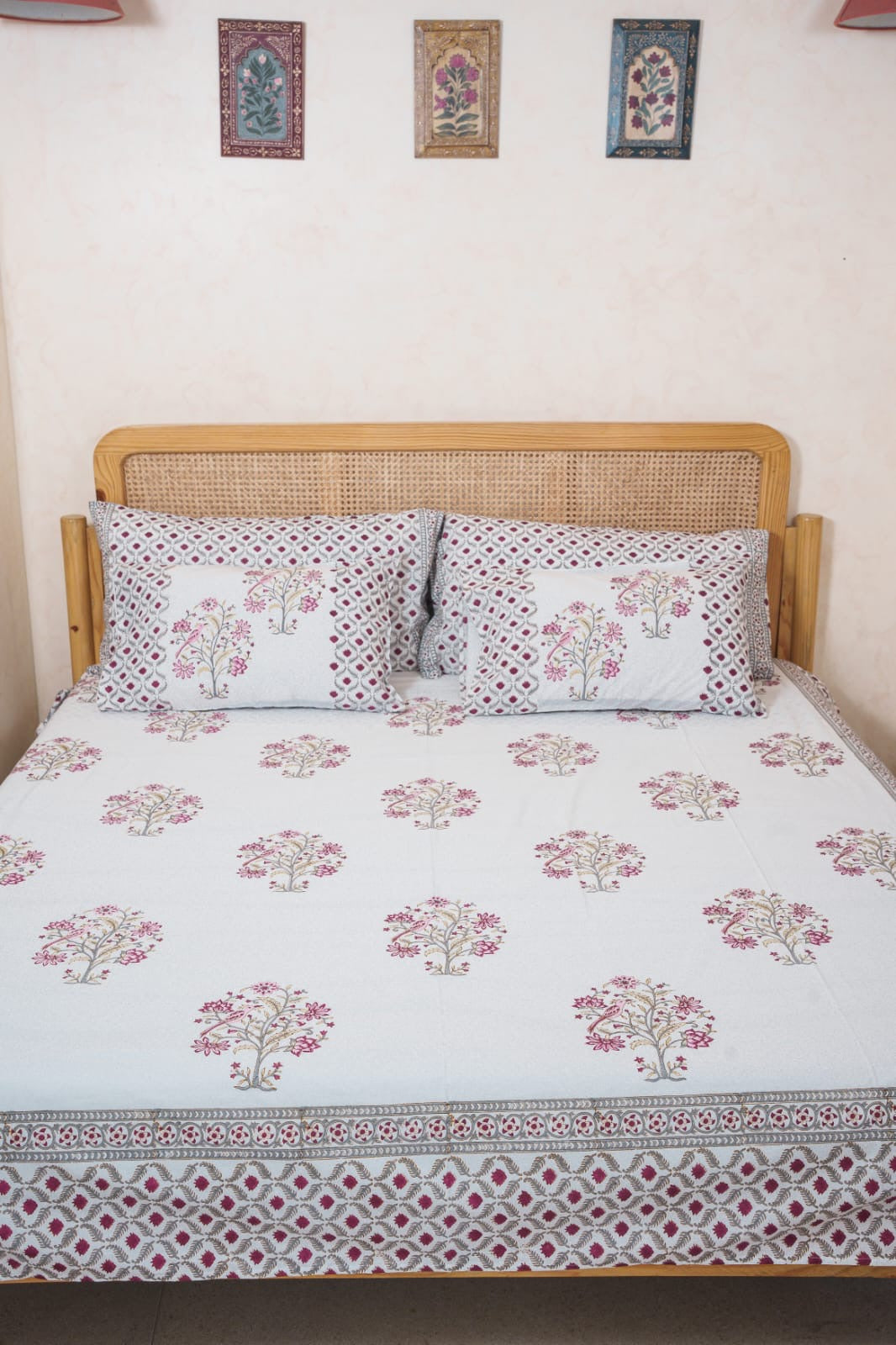 BLOOM ATELIER HAND BLOCK PRINTED BEDSHEET WITH TWO REVERSIBLE PILLOW COVERS