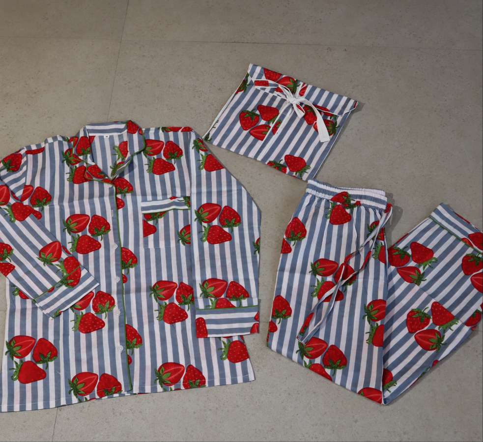GREY STRAWBERRY FULL SHIRT AND FULL PAJAMA