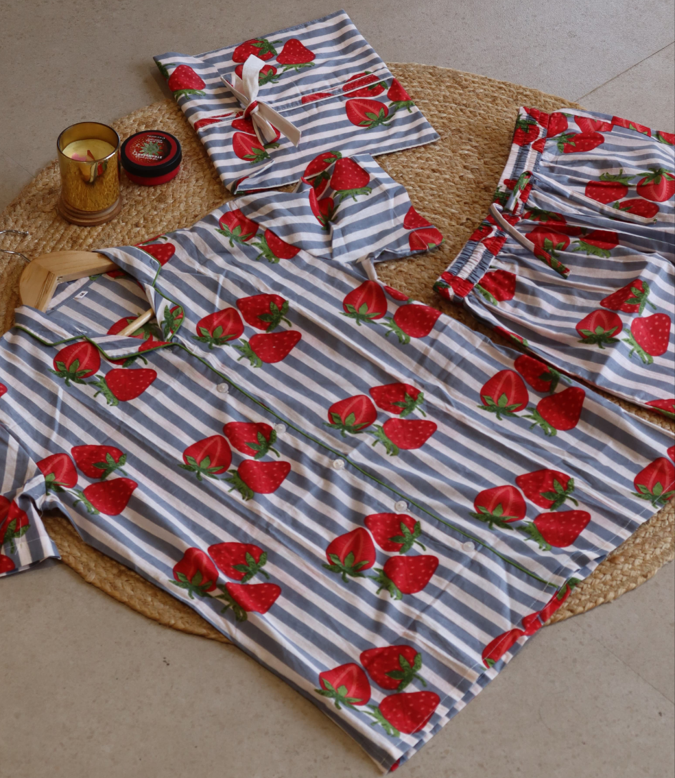 GREY STRAWBERRY HALF SHIRT AND SHORTS