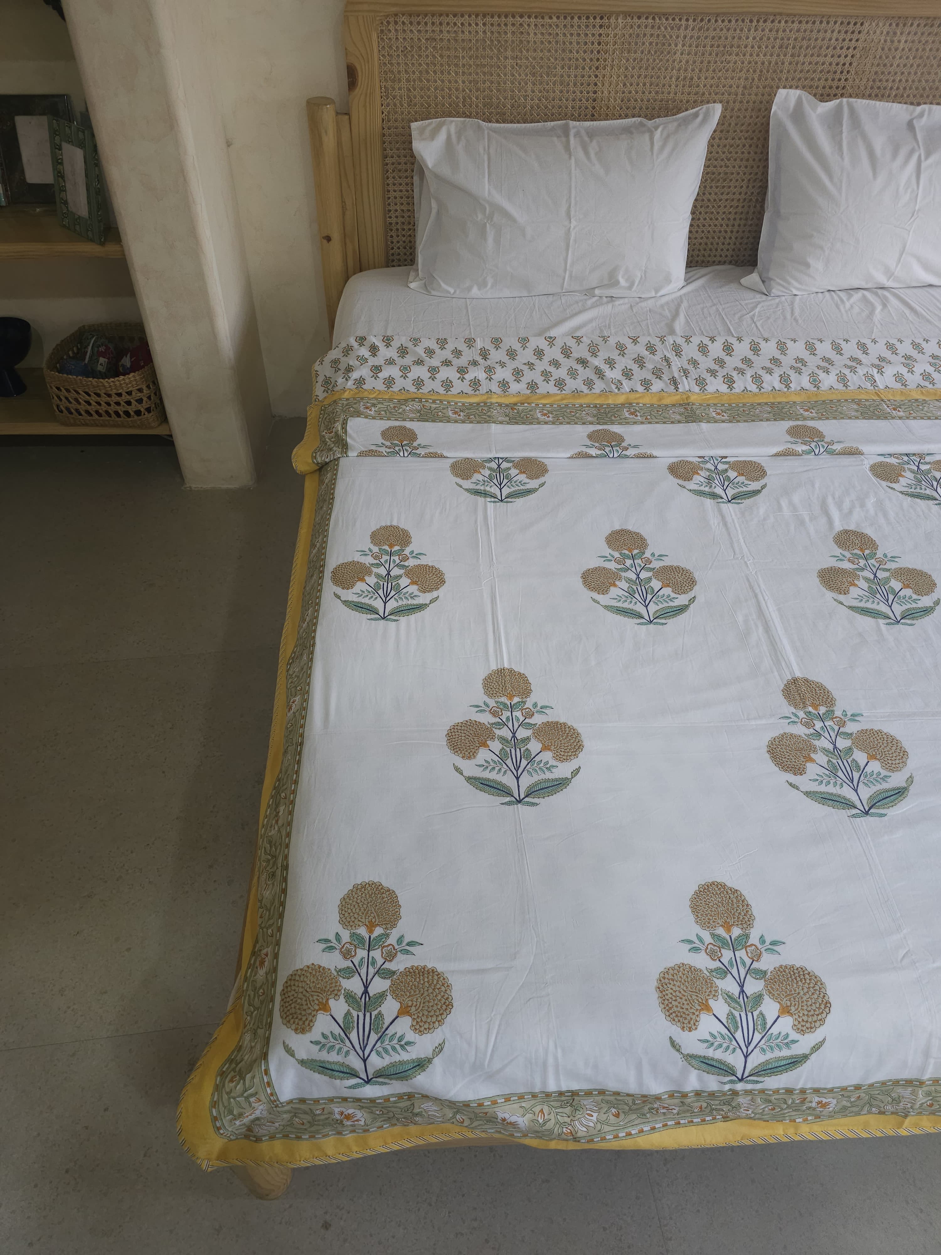YELLOW POPPY HANDBLOCK PRINTED REVERSIBLE MULMUL DOHAR