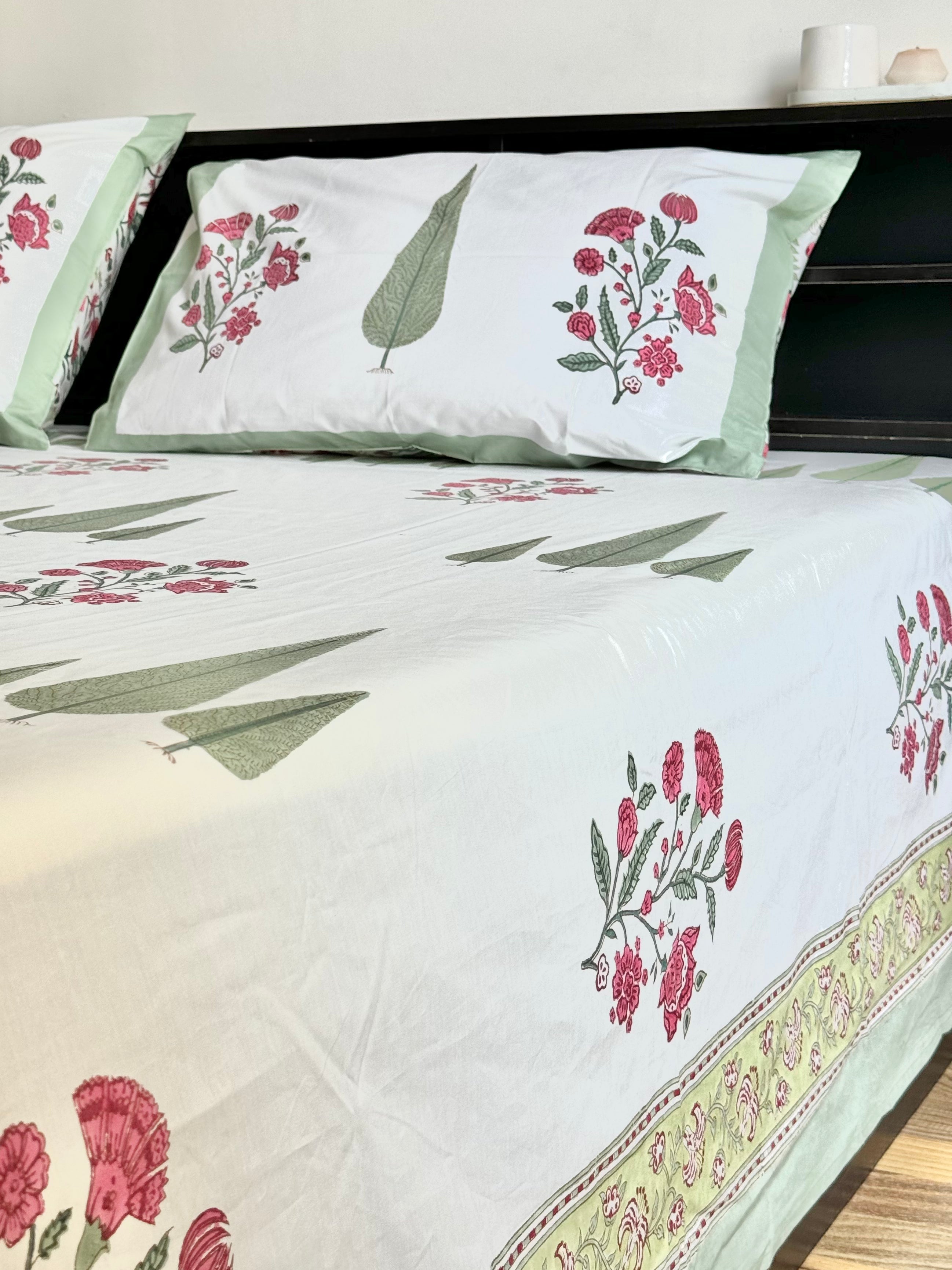 TRIPLE CYPRESS HANDBLOCK PRINTED BEDSHEET WITH TWO REVERSIBLE PILLOW COVERS