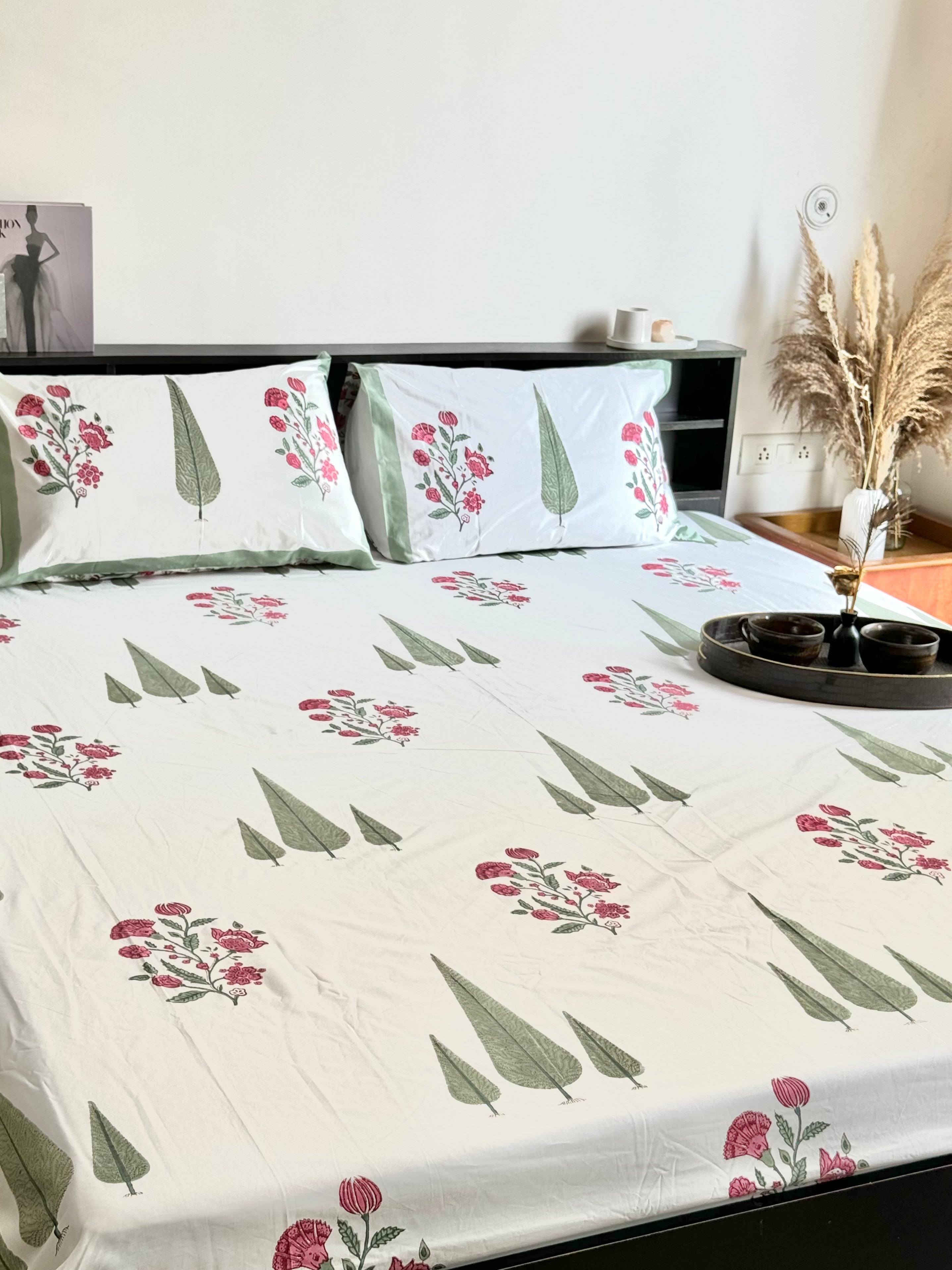 TRIPLE CYPRESS HANDBLOCK PRINTED BEDSHEET WITH TWO REVERSIBLE PILLOW COVERS