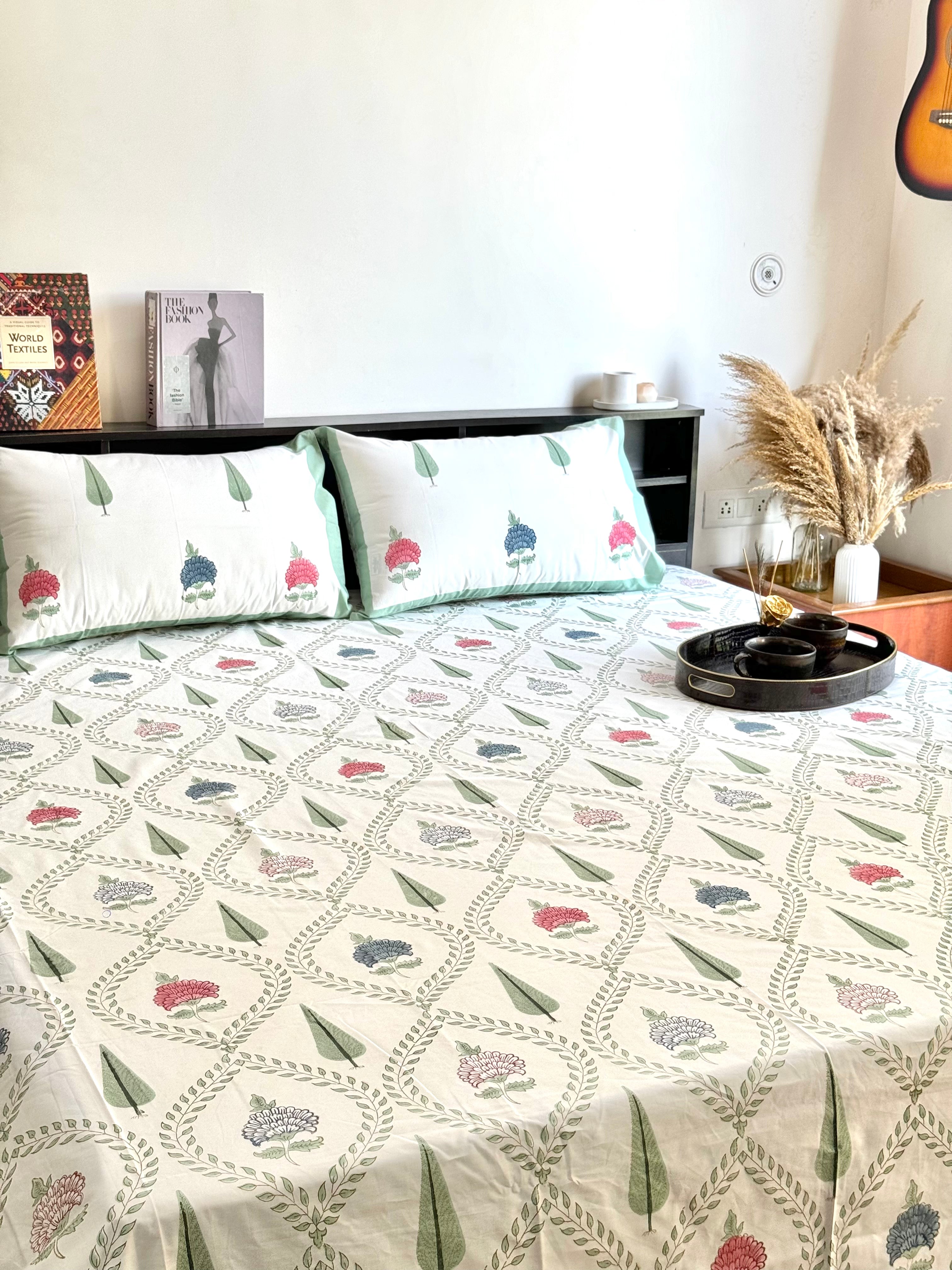 ANISH HAND BLOCK PRINTED BEDSHEET WITH TWO REVERSIBLE PILLOW COVERS