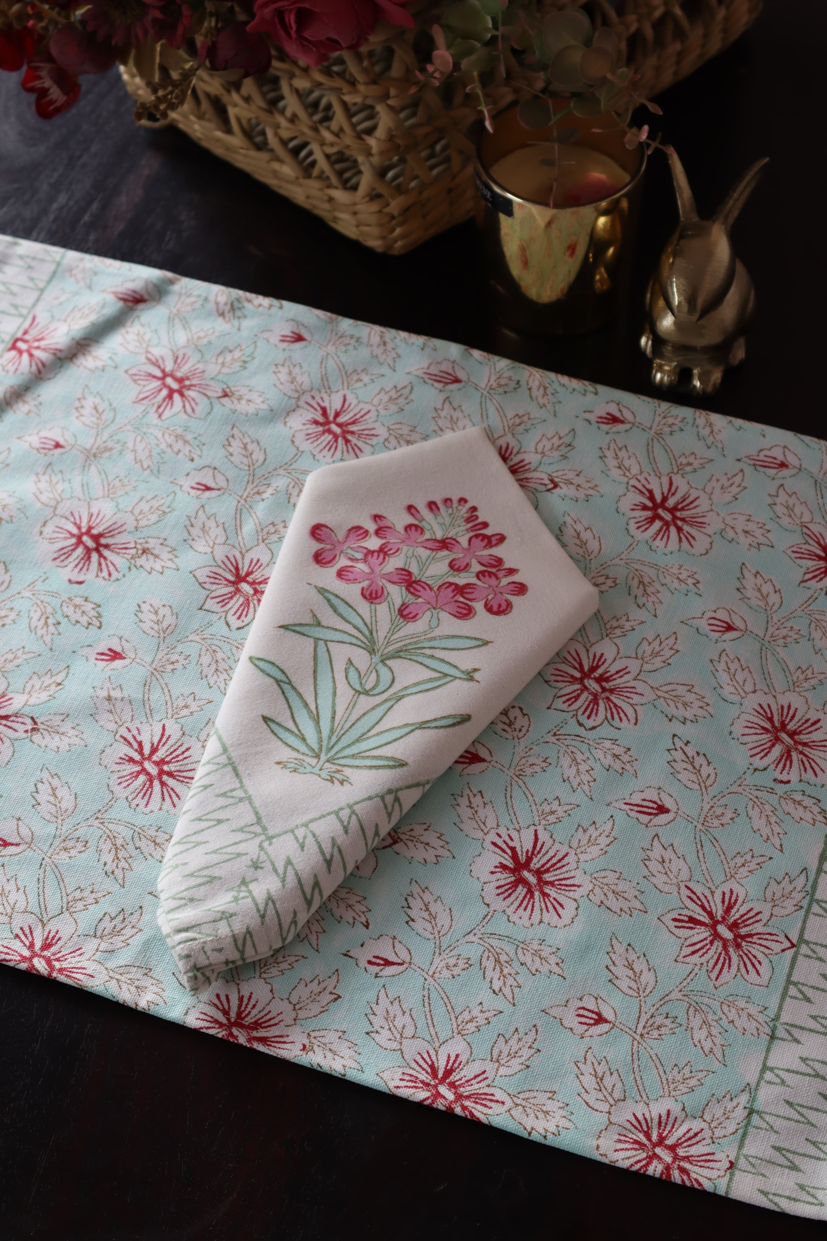 A PAIR OF HANDBLOCK PRINTED TABLE MAT AND NAPKIN SET