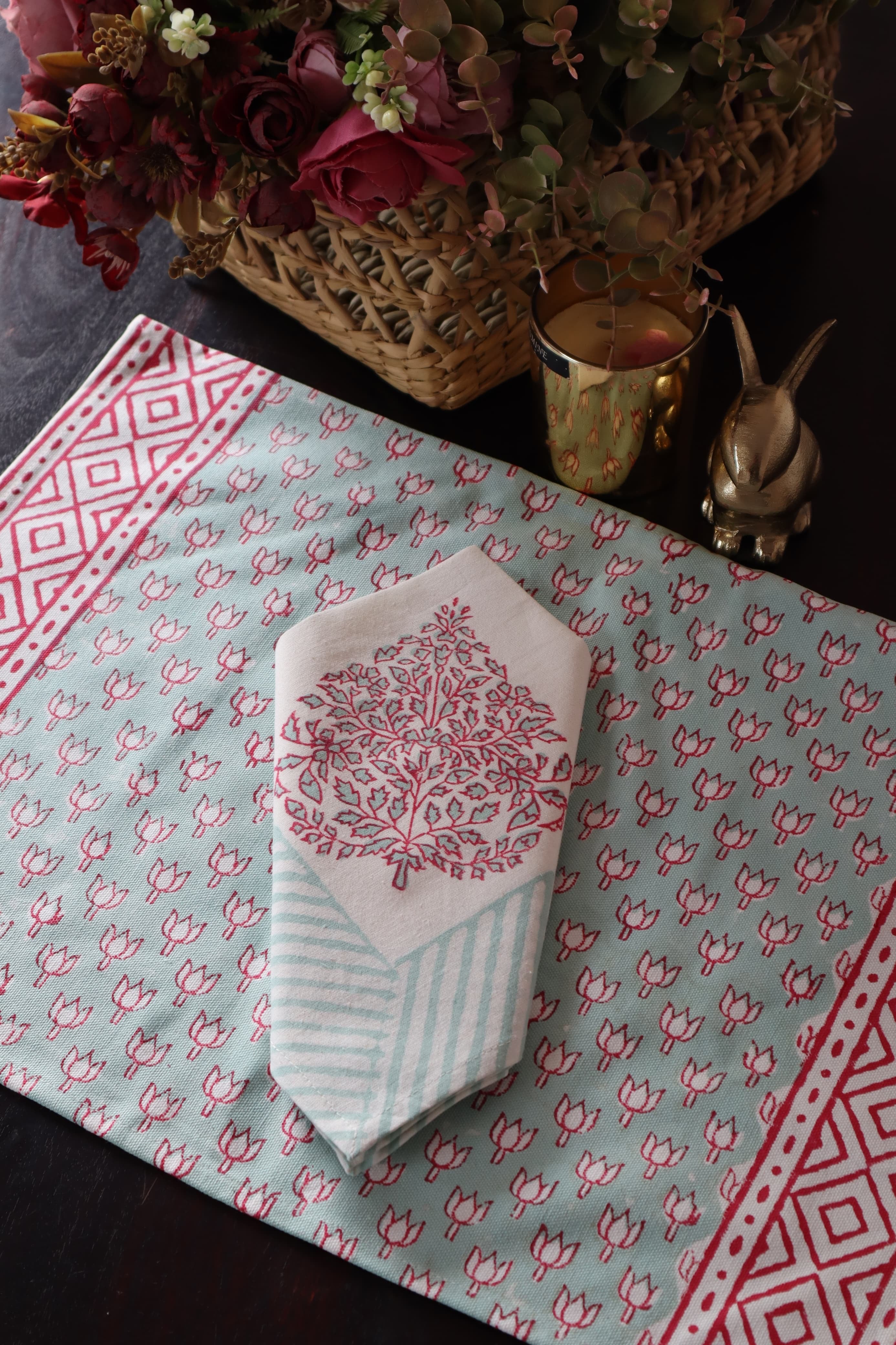 A PAIR OF HANDBLOCK PRINTED TABLE MAT AND NAPKIN SET