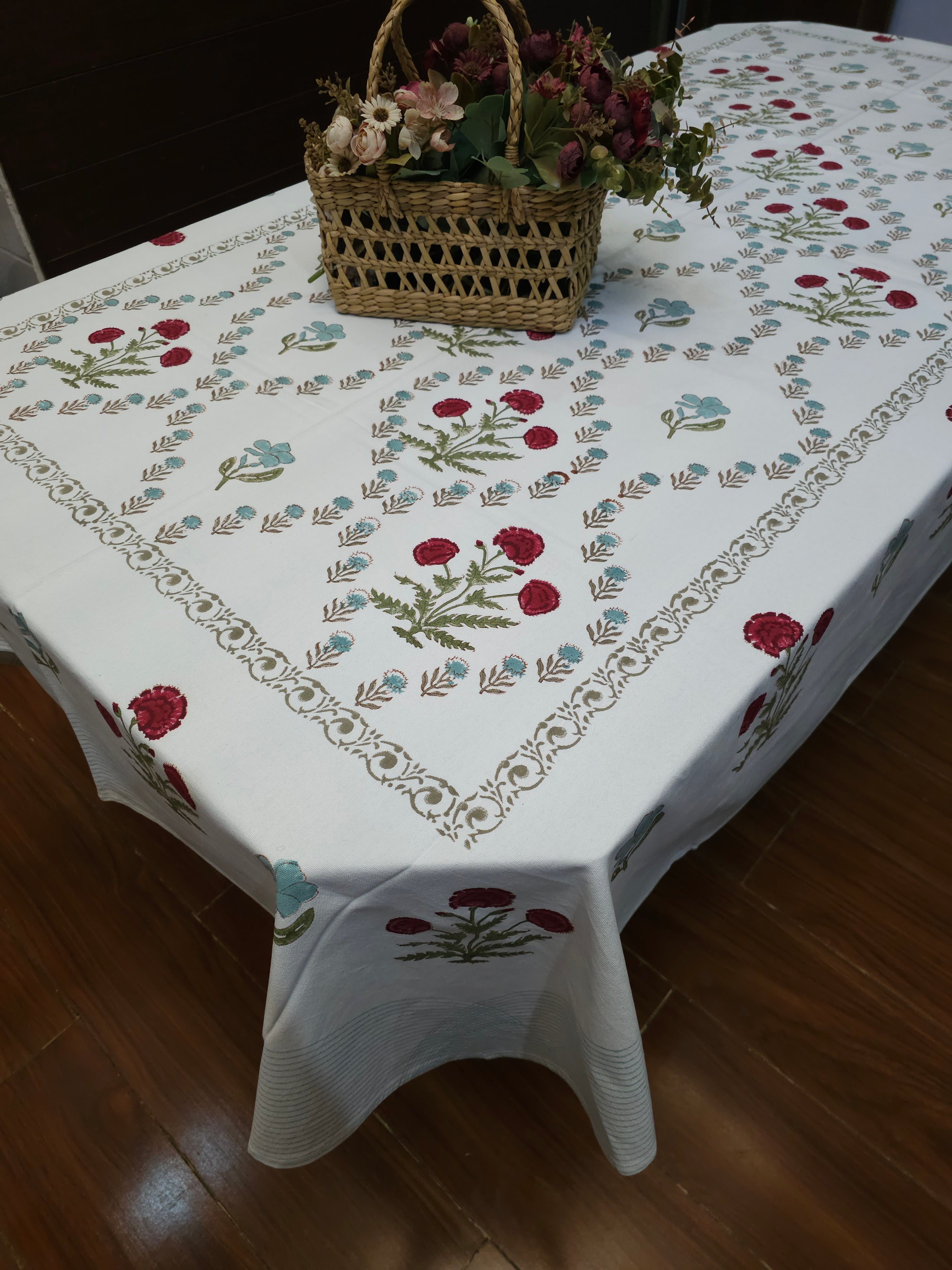 BLOOMING SIX & EIGHT SEATER HANDBLOCK PRINTED TABLECLOTH